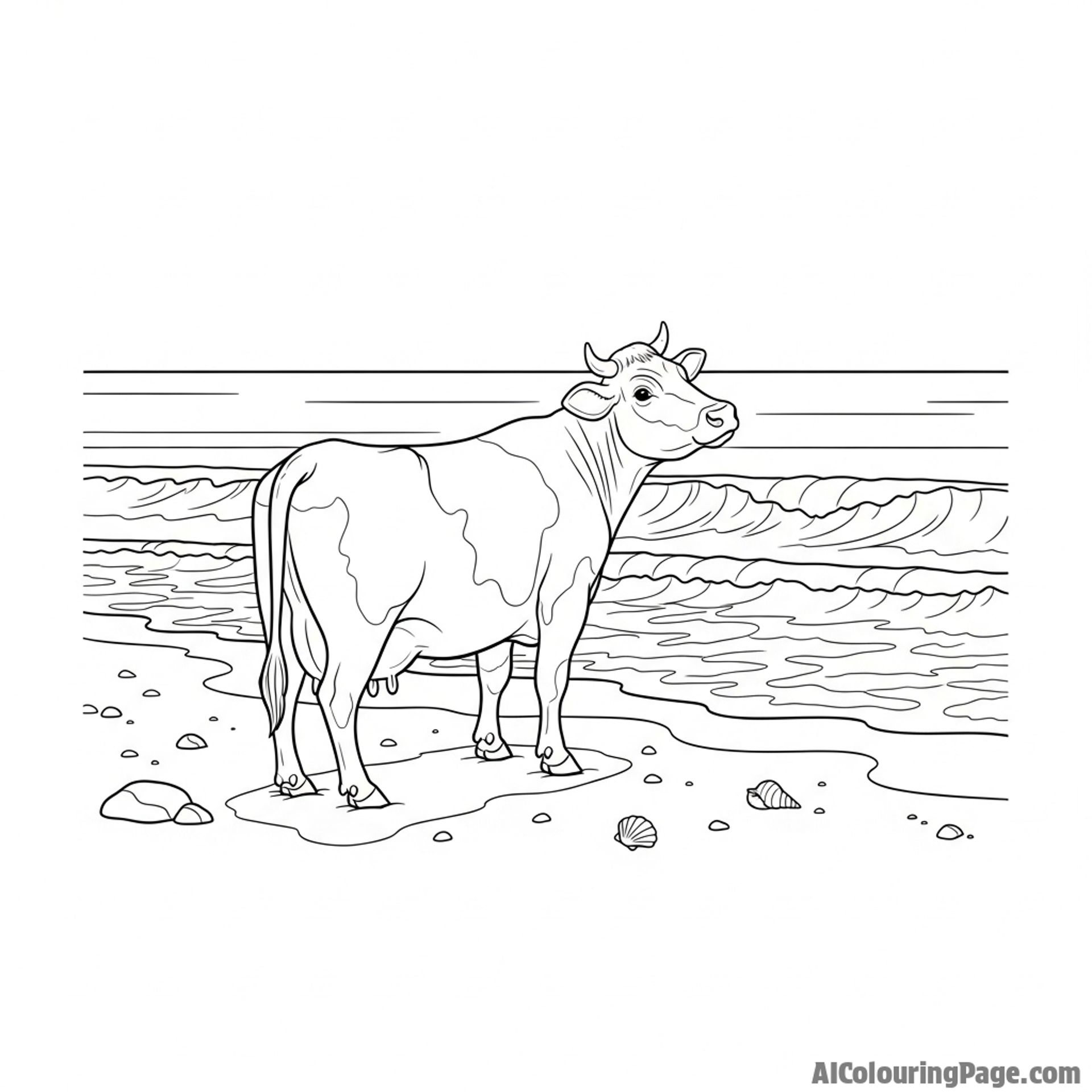 A photorealistic cow on a deserted, sandy beach, gazing at the ocean waves.
