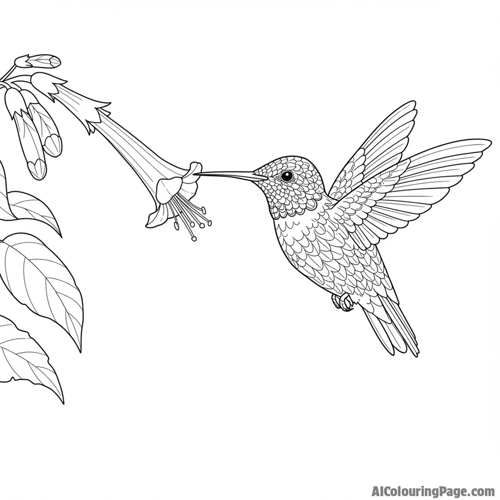 A hummingbird sipping nectar from a tubular flower.