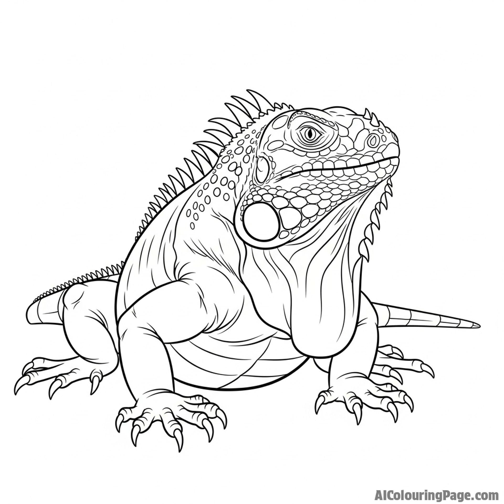 An iguana frozen in a defensive posture, its body puffed up and dewlap extended.
