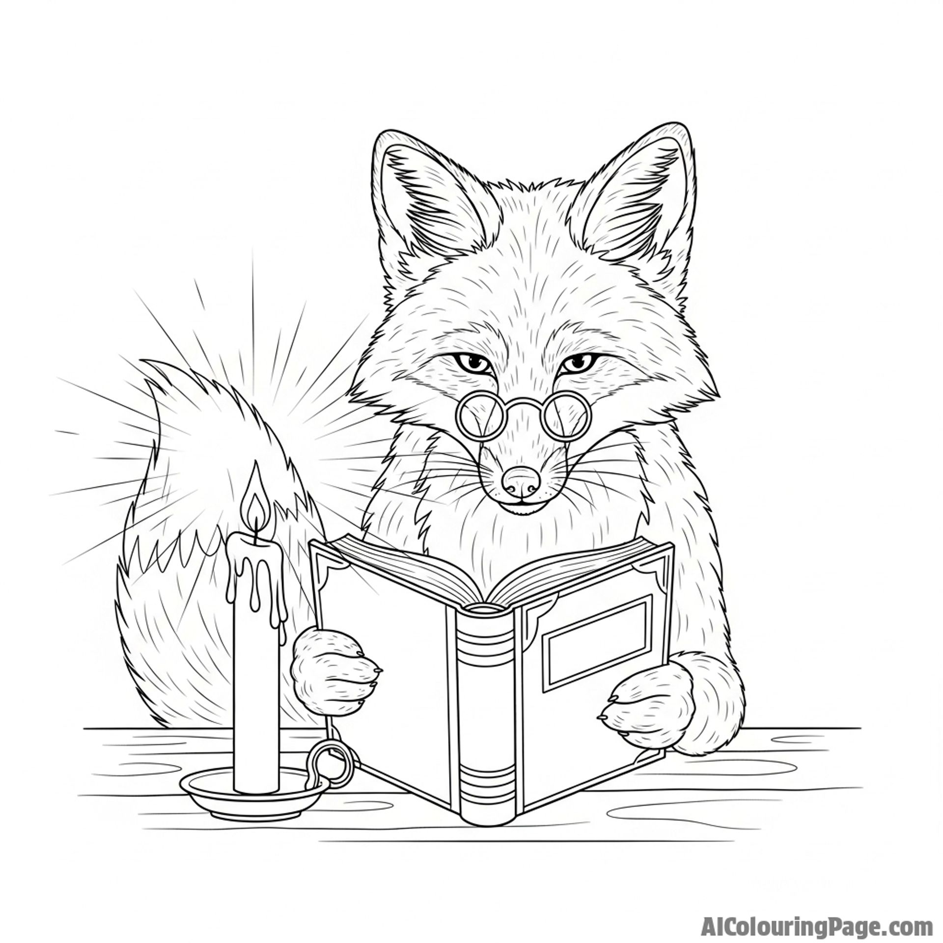 A wise old fox wearing spectacles, reading a leather-bound book by candlelight.
