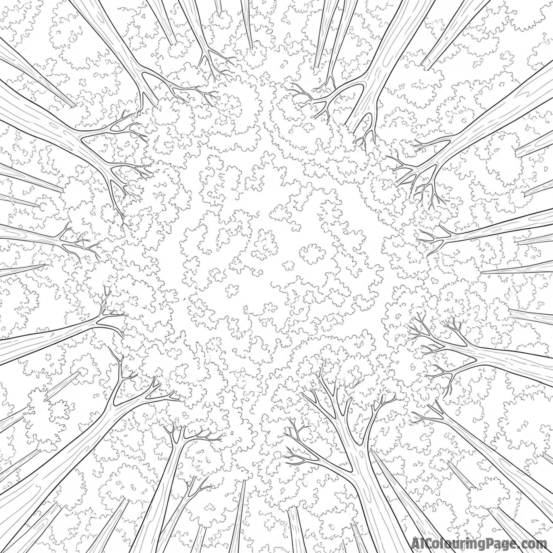 Overhead view of a forest canopy with varying leaf densities.