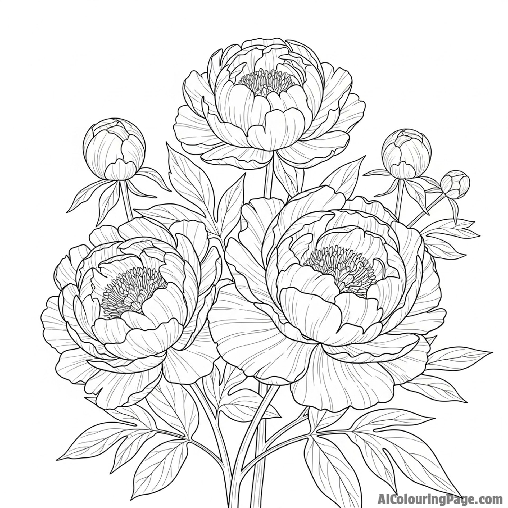 Blooming peonies, large and showy flowers, garden scene.