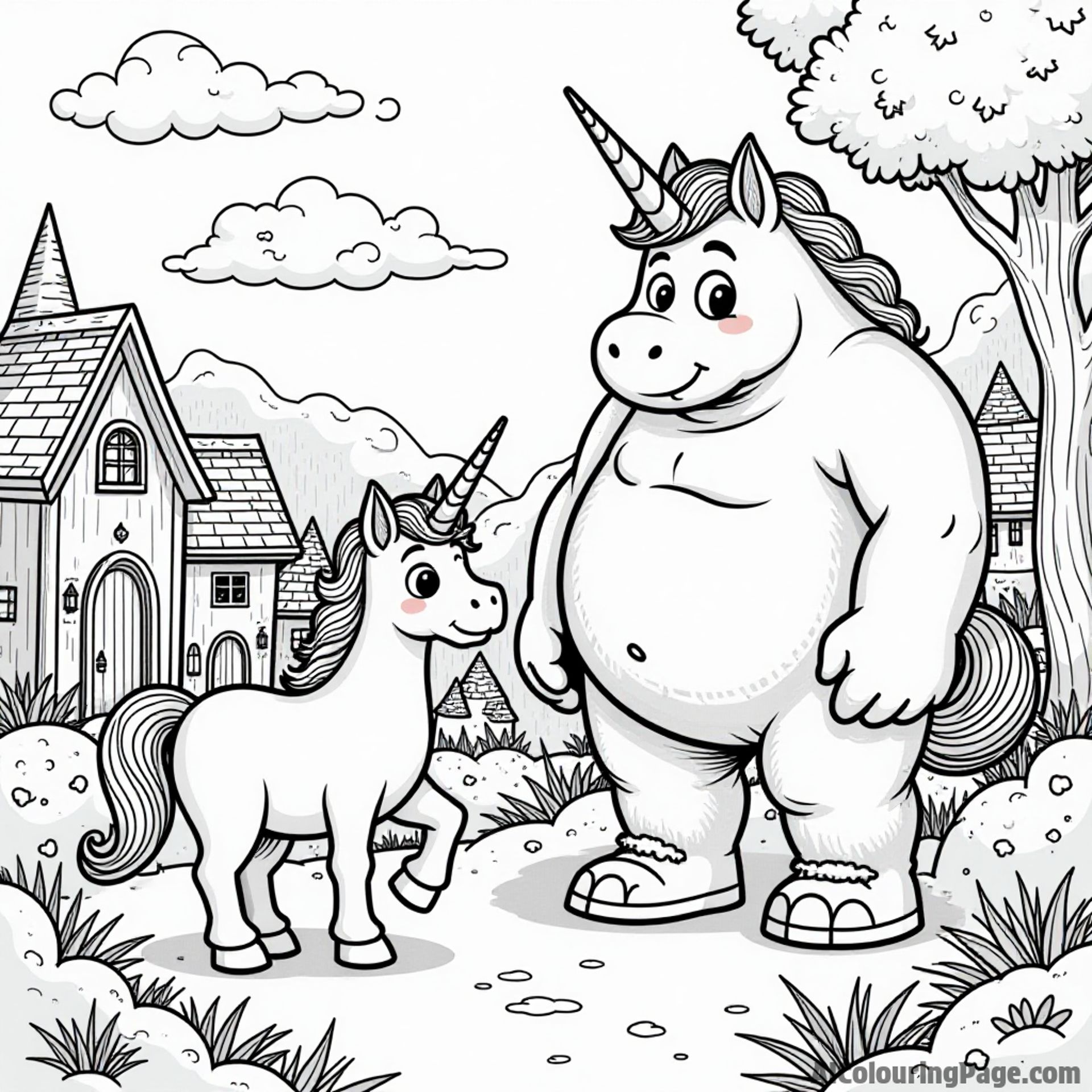 A unicorn and a friendly giant exploring a whimsical village filled with playful gnomes and enchanted homes, perfect for coloring.