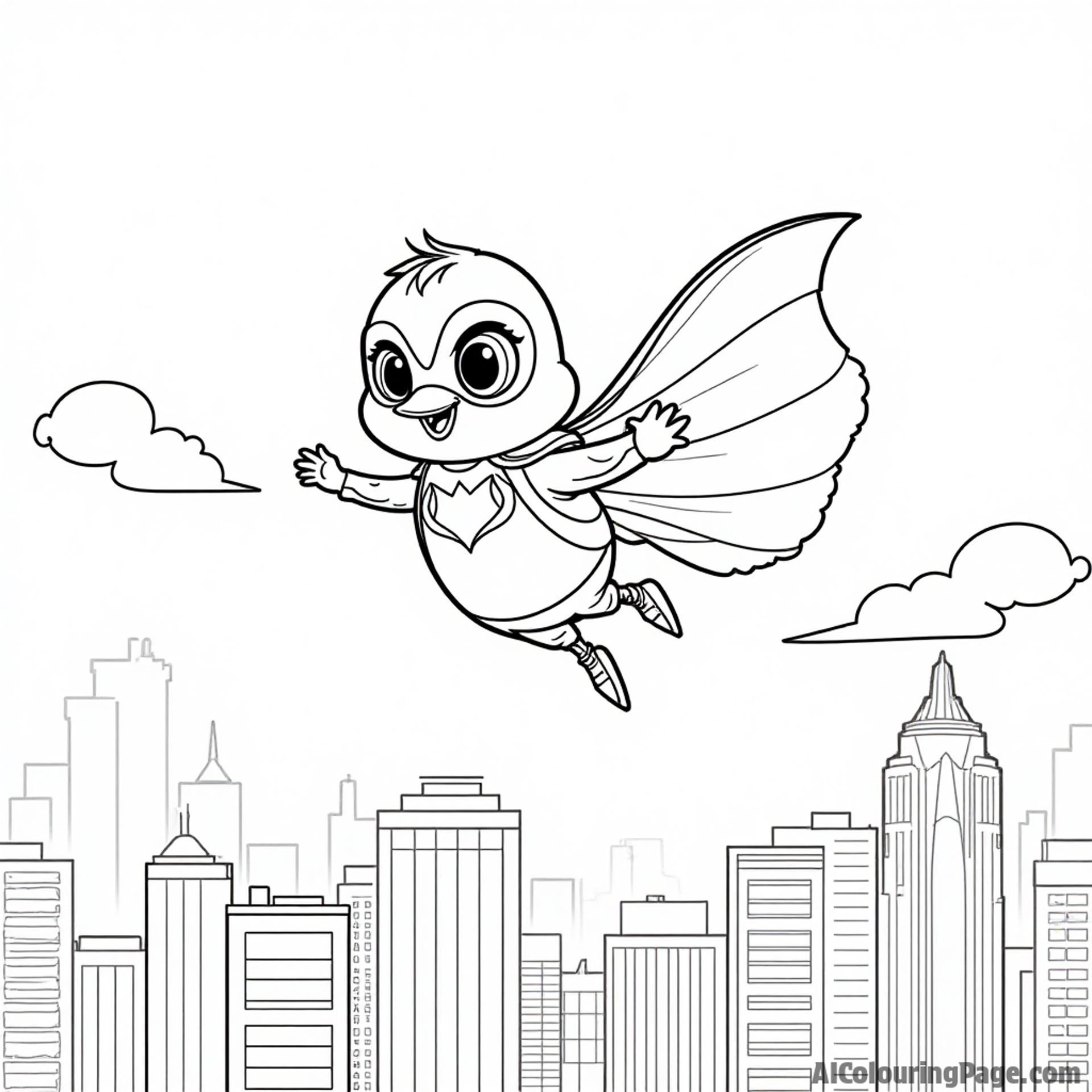 A robin dressed as a superhero flying over a city skyline, with capes and masks, creating an exciting coloring page.
