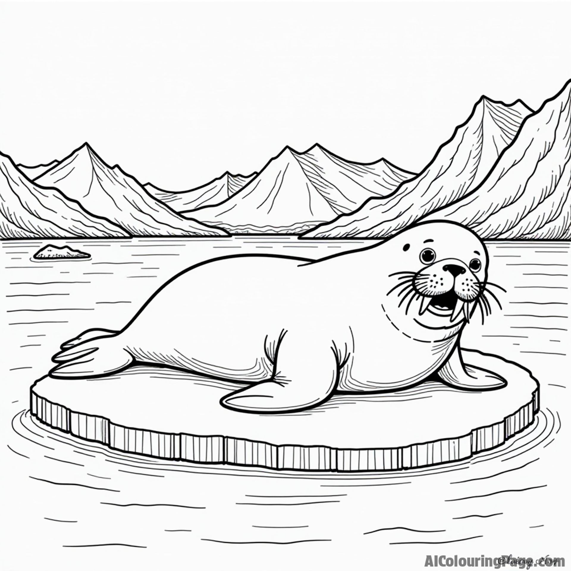 A playful walrus lounging on an ice floe, surrounded by snowy landscapes and a distant glacier, capturing Alaska's marine life.