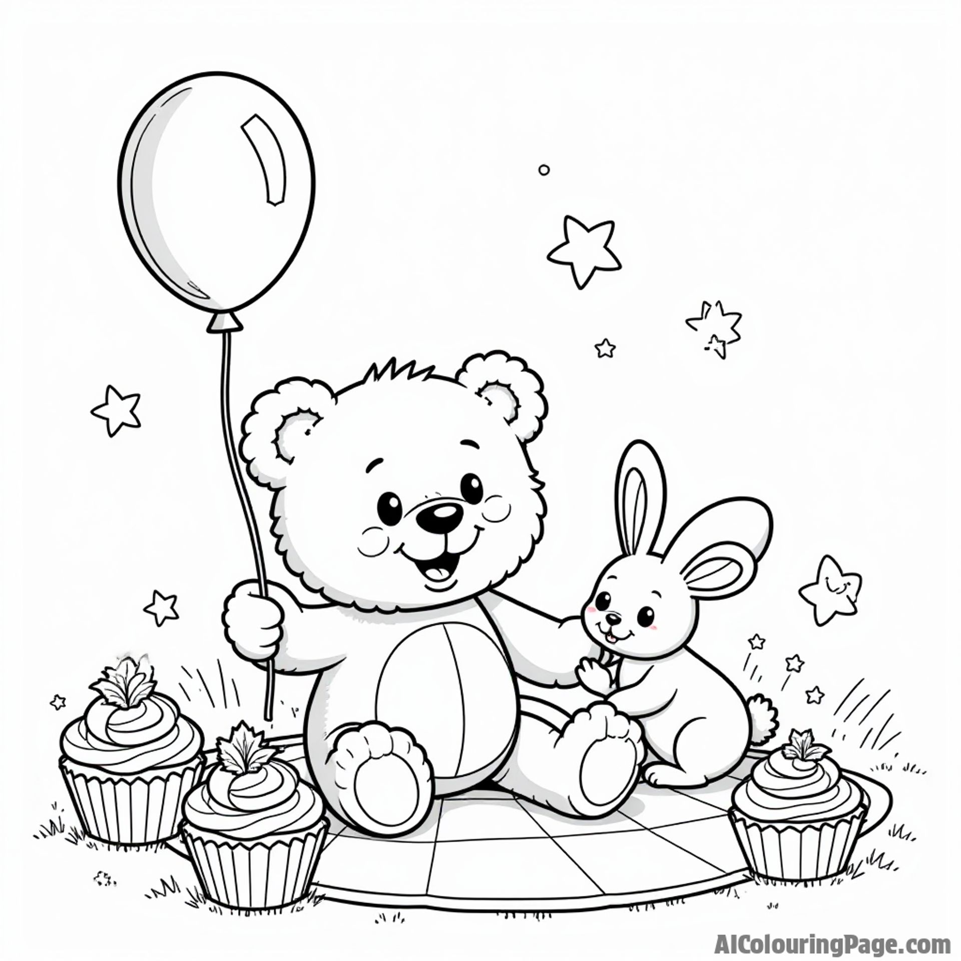 A cheerful teddy bear holding a colorful balloon, sitting on a picnic blanket surrounded by cupcakes and a friendly bunny, perfect for a joyful coloring page for kids.