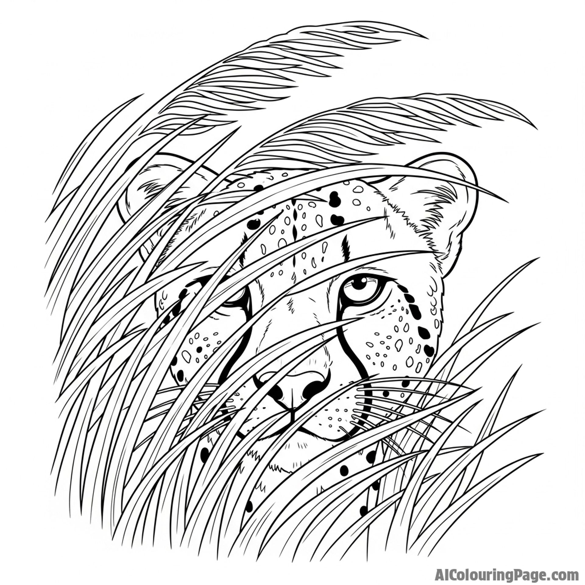 A cheetah's face partially obscured by swaying blades of grass, creating a sense of mystery.