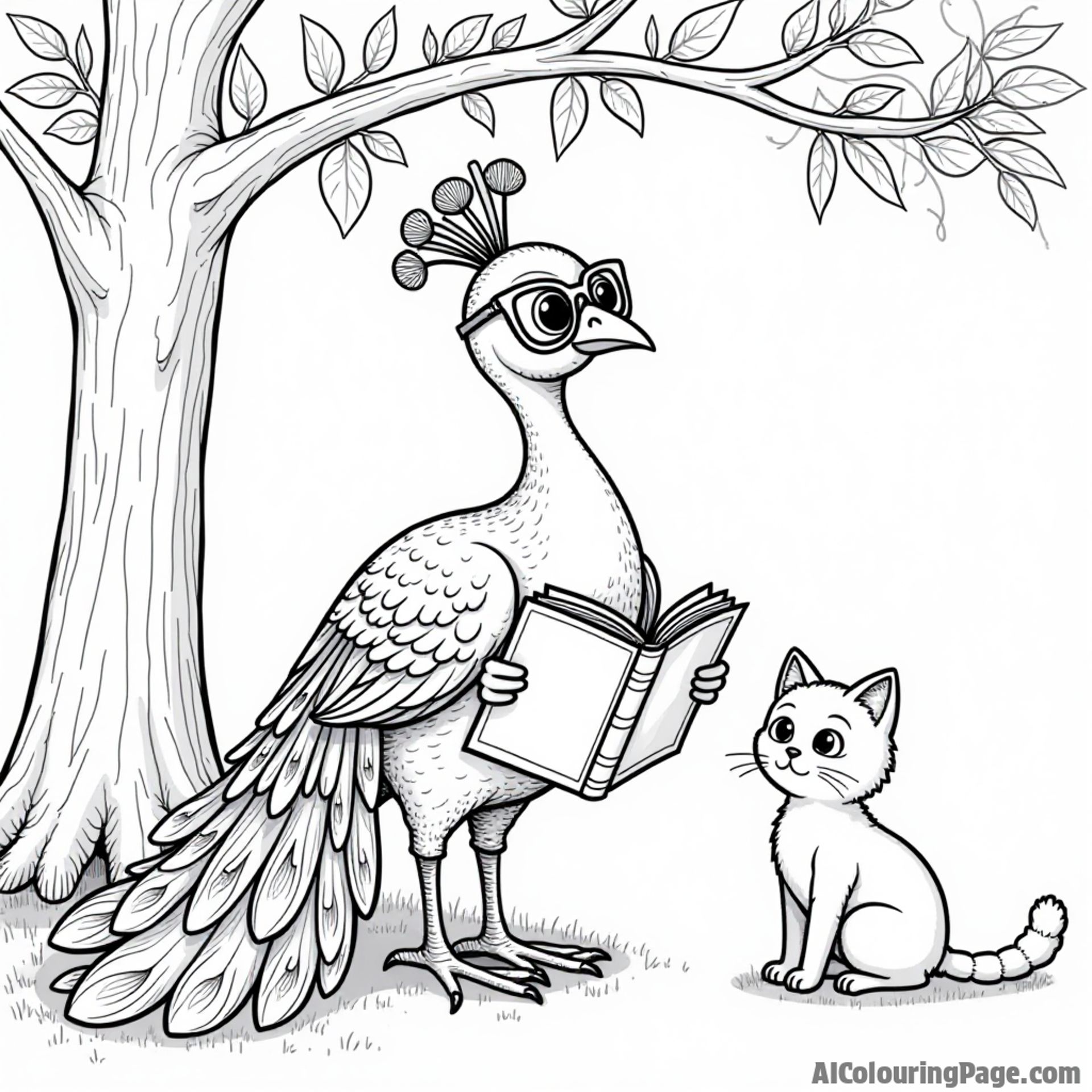A whimsical peacock wearing glasses and reading a book under a tree, with a curious cat watching nearby