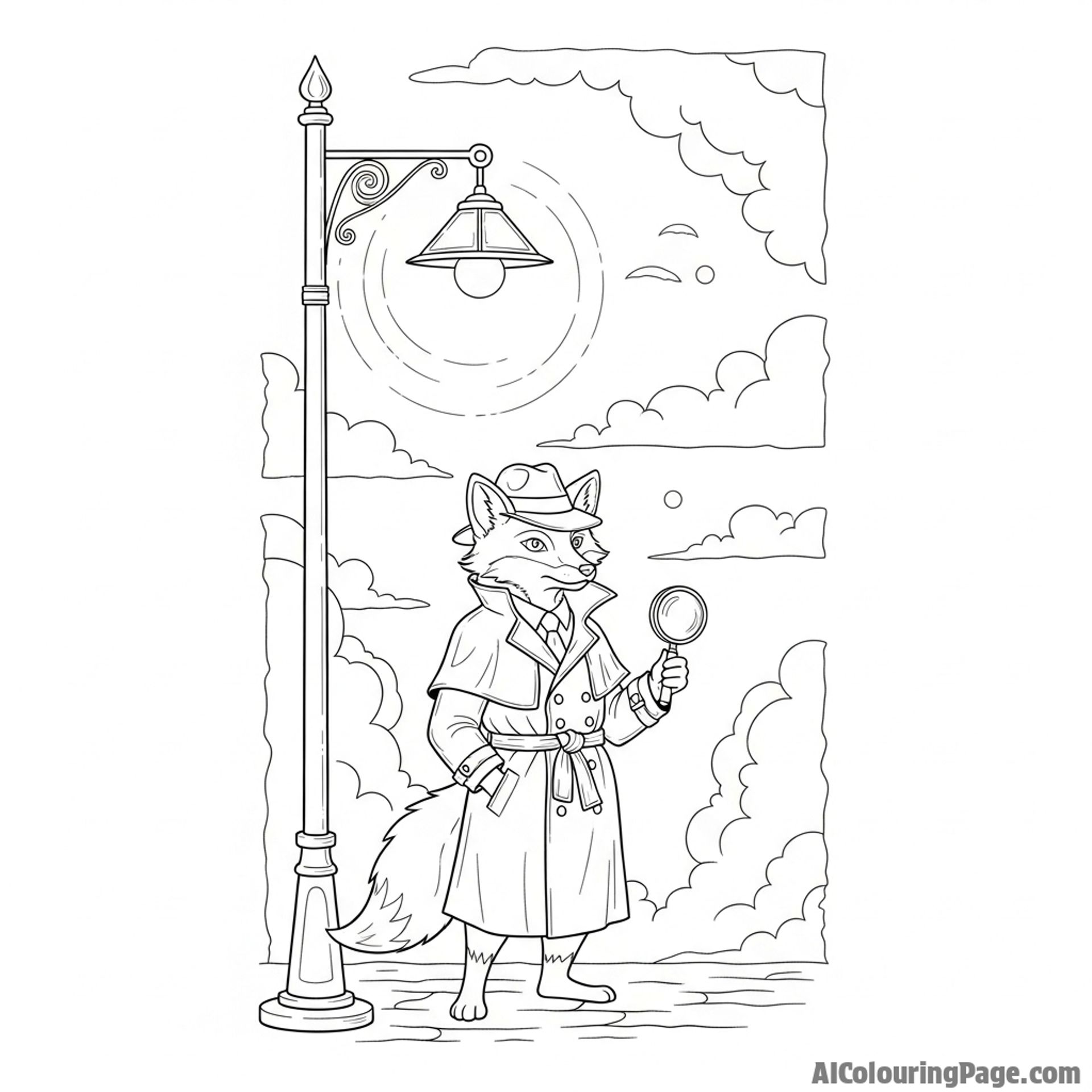 A film noir scene of a detective fox in a trench coat, standing under a streetlamp in fog.