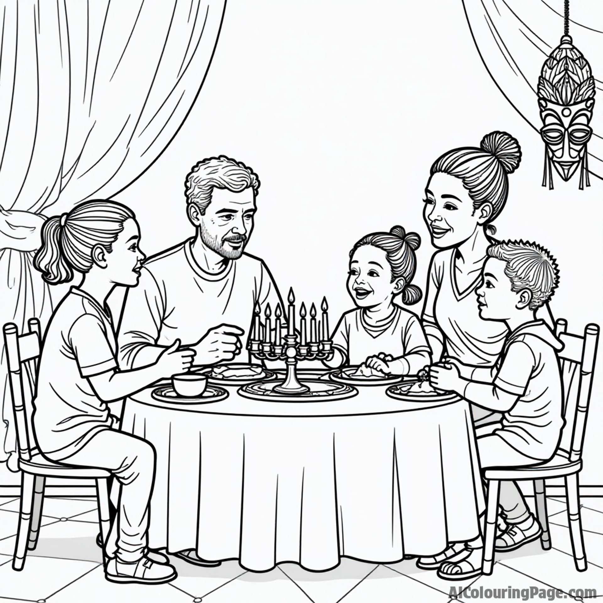 A family gathered around a Kwanzaa table, sharing stories and traditions, with decorative elements like African masks and colorful cloths, creating a delightful black and white coloring sheet.