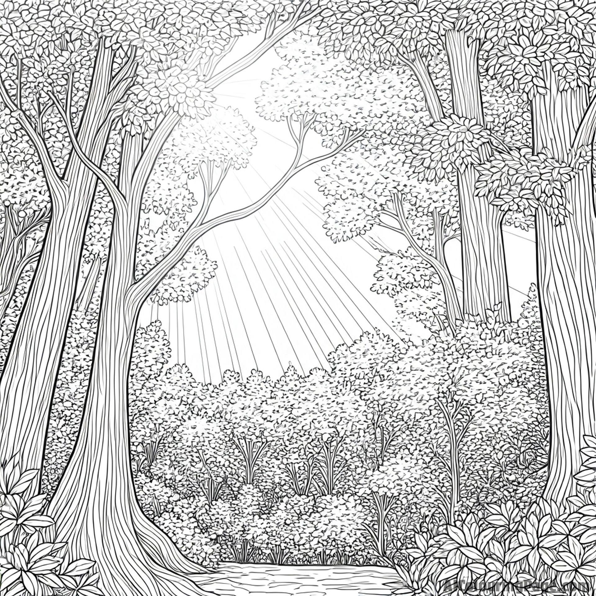 Sunlight breaking through the dense canopy, creating beams of light, heavenly illumination, spiritual atmosphere.