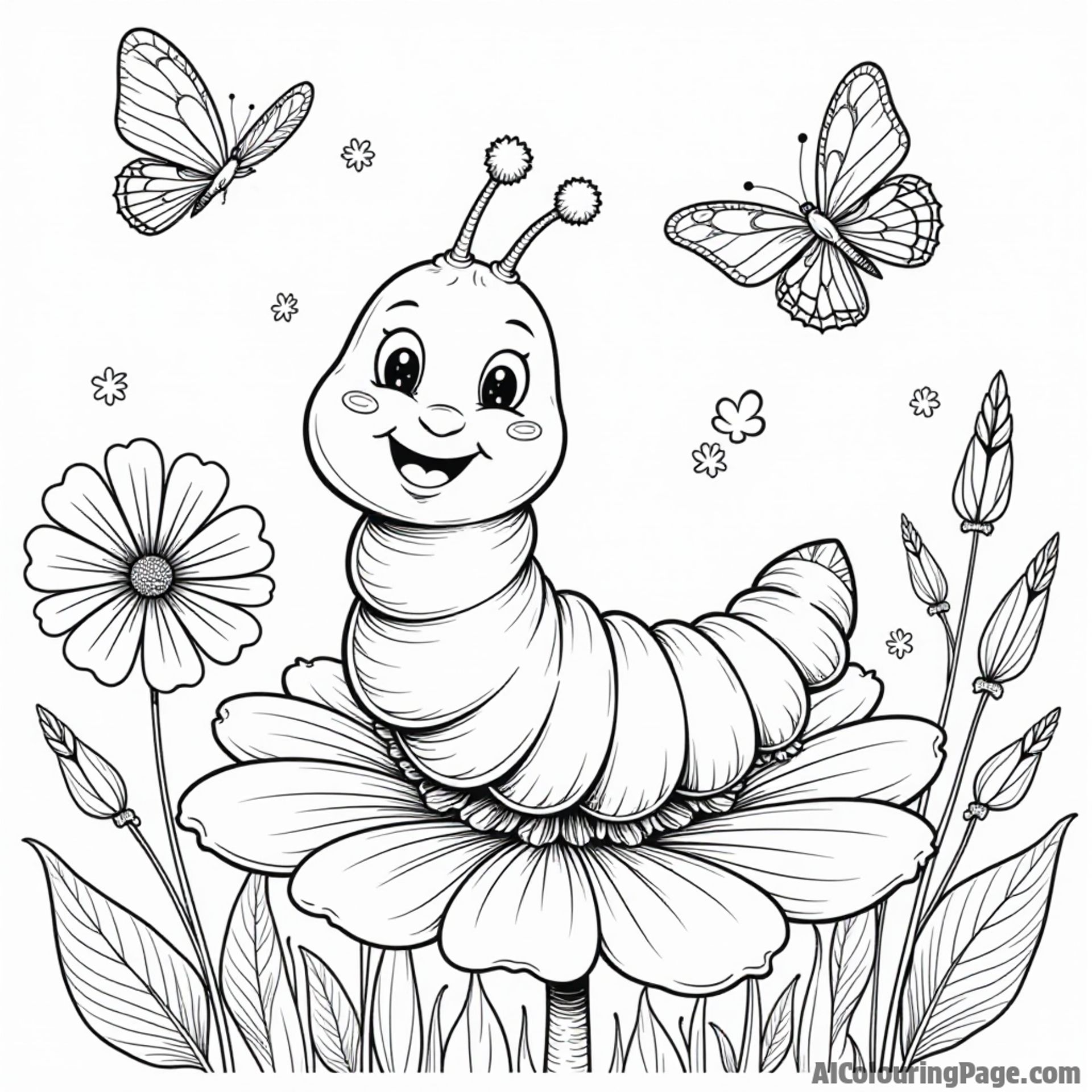 A caterpillar with a big smile dancing on a flower petal while butterflies twirl around in a sunny garden scene.