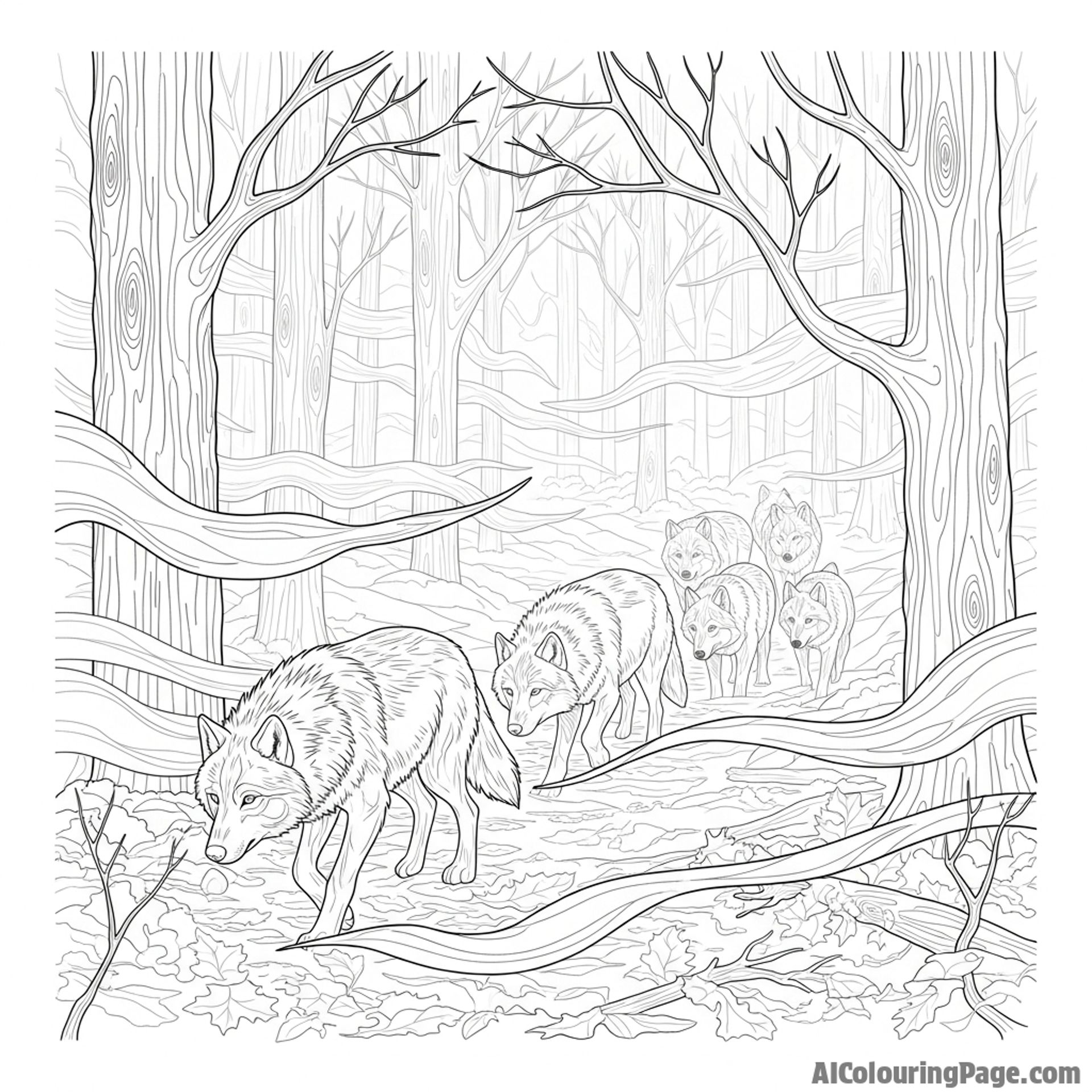 A pack of wolves moving silently through a dense, fog-shrouded forest.