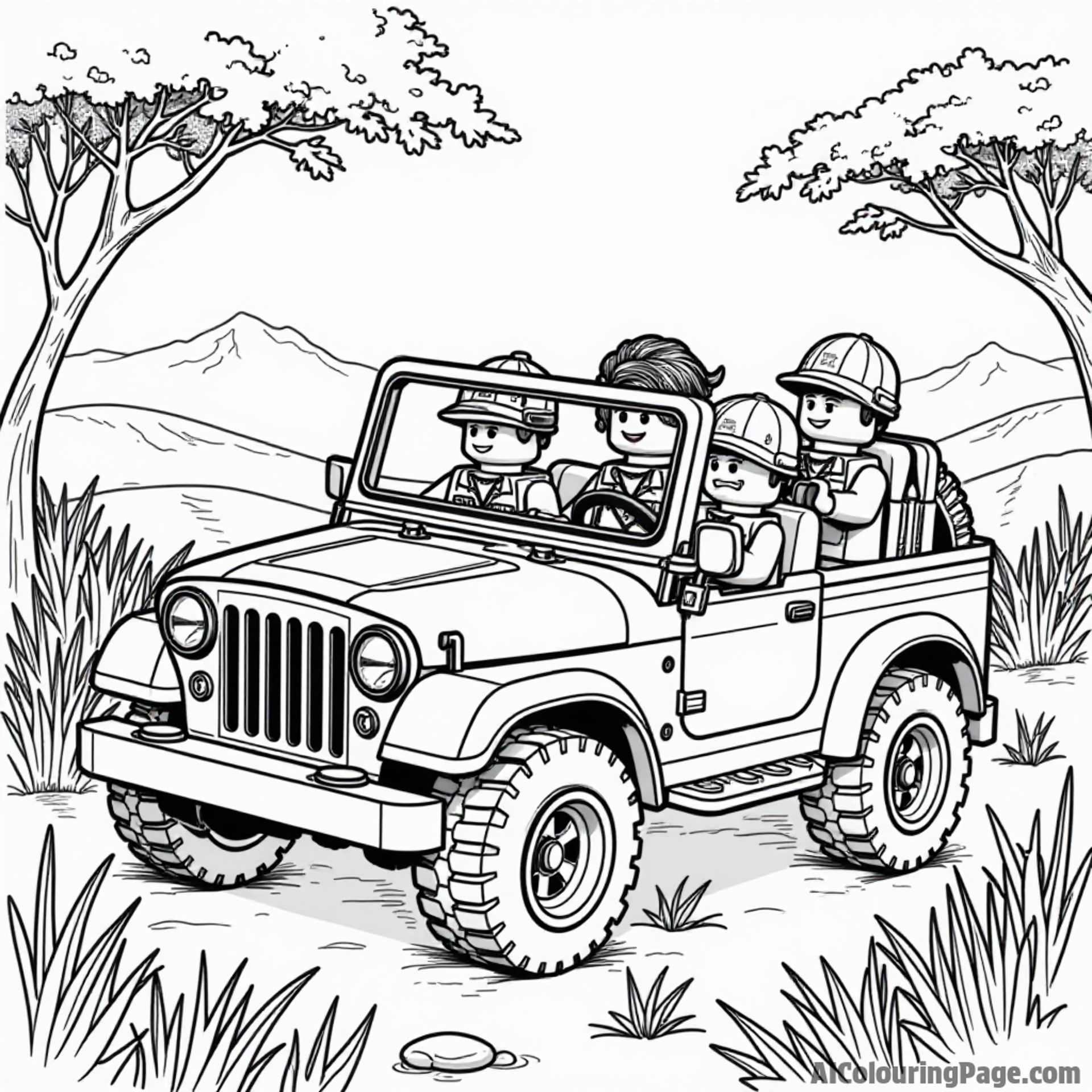 A LEGO safari scene with explorers in a jeep, wild animals in the background, and tall grasses swaying around.