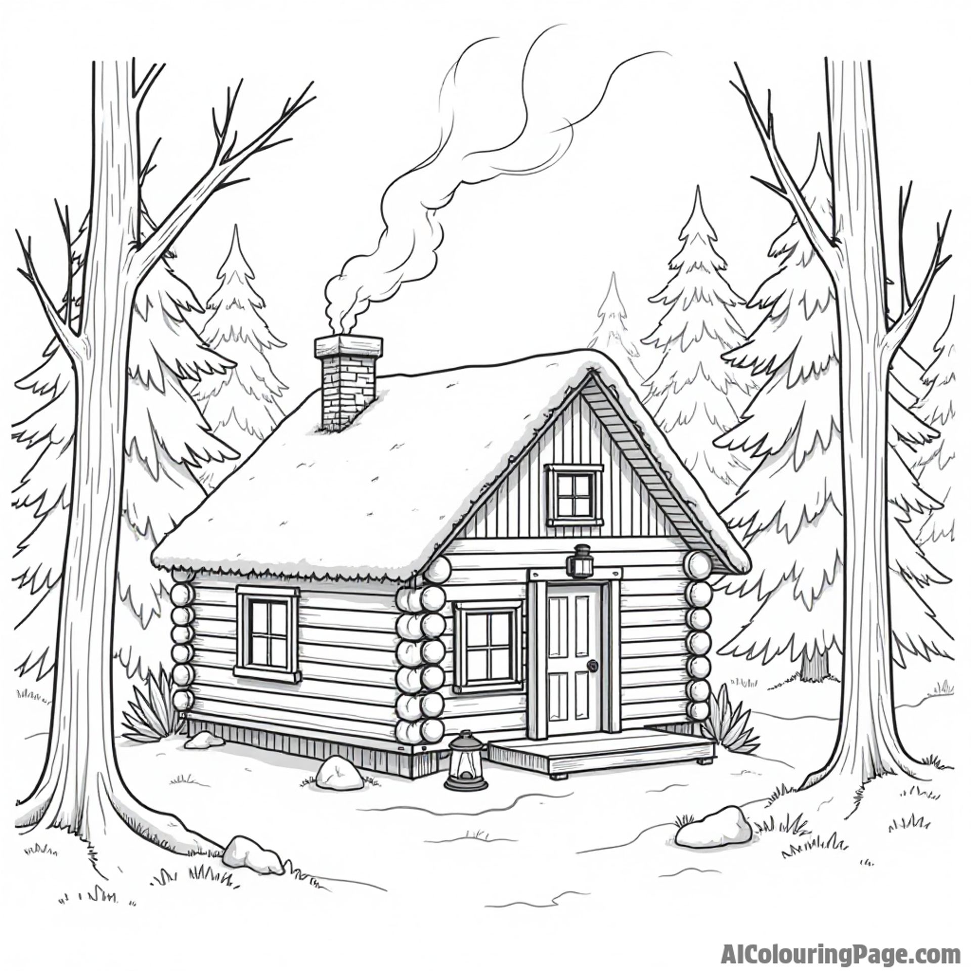 A cozy cabin in the woods, with smoke rising from the chimney, surrounded by snow-covered trees and a glowing lantern.