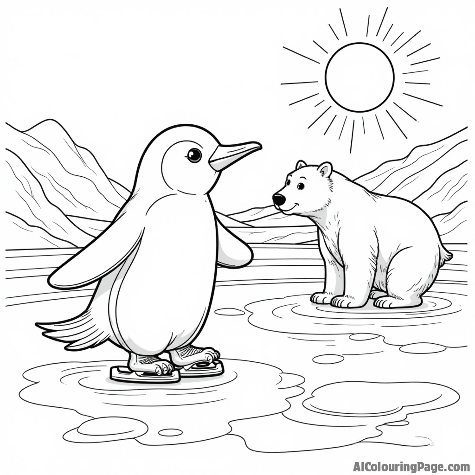 A penguin ice skating on a frozen pond with a shimmering sun and a curious polar bear watching closely.