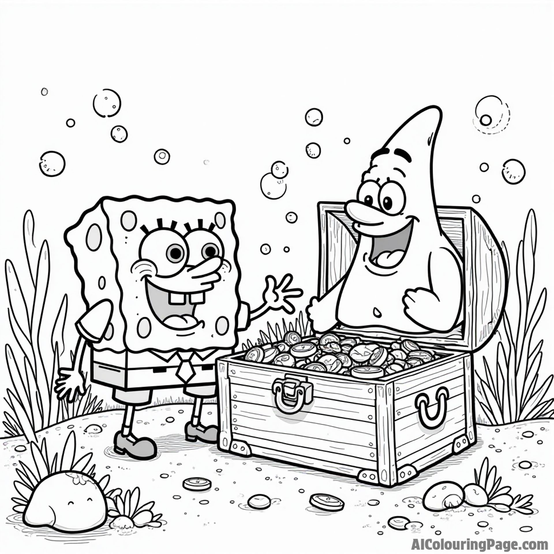 SpongeBob and Patrick exploring a treasure chest underwater filled with shiny gold coins, jewels, and seaweed
