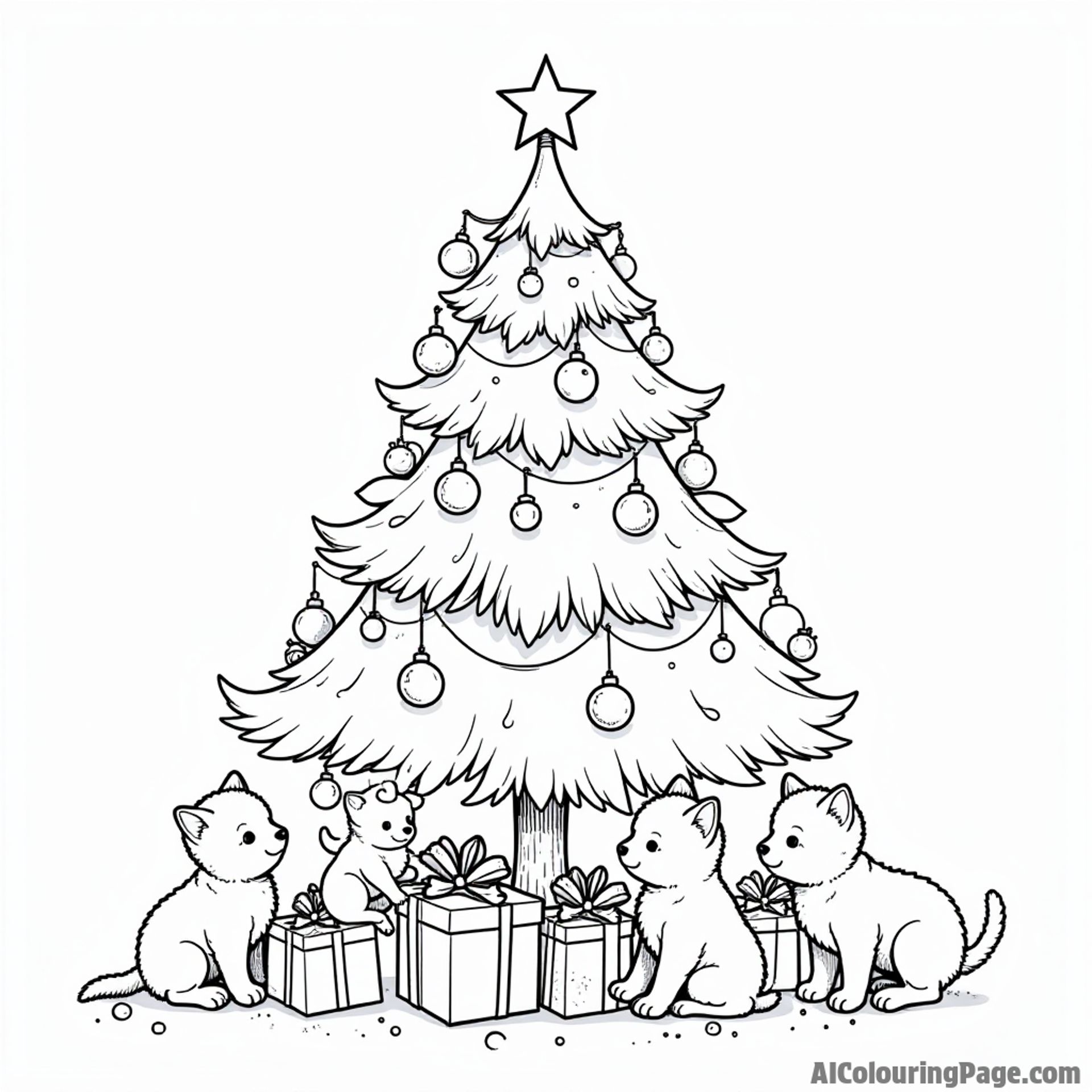 A festive Christmas tree with bright ornaments, a star on top, and presents underneath, surrounded by playful kittens and puppies.