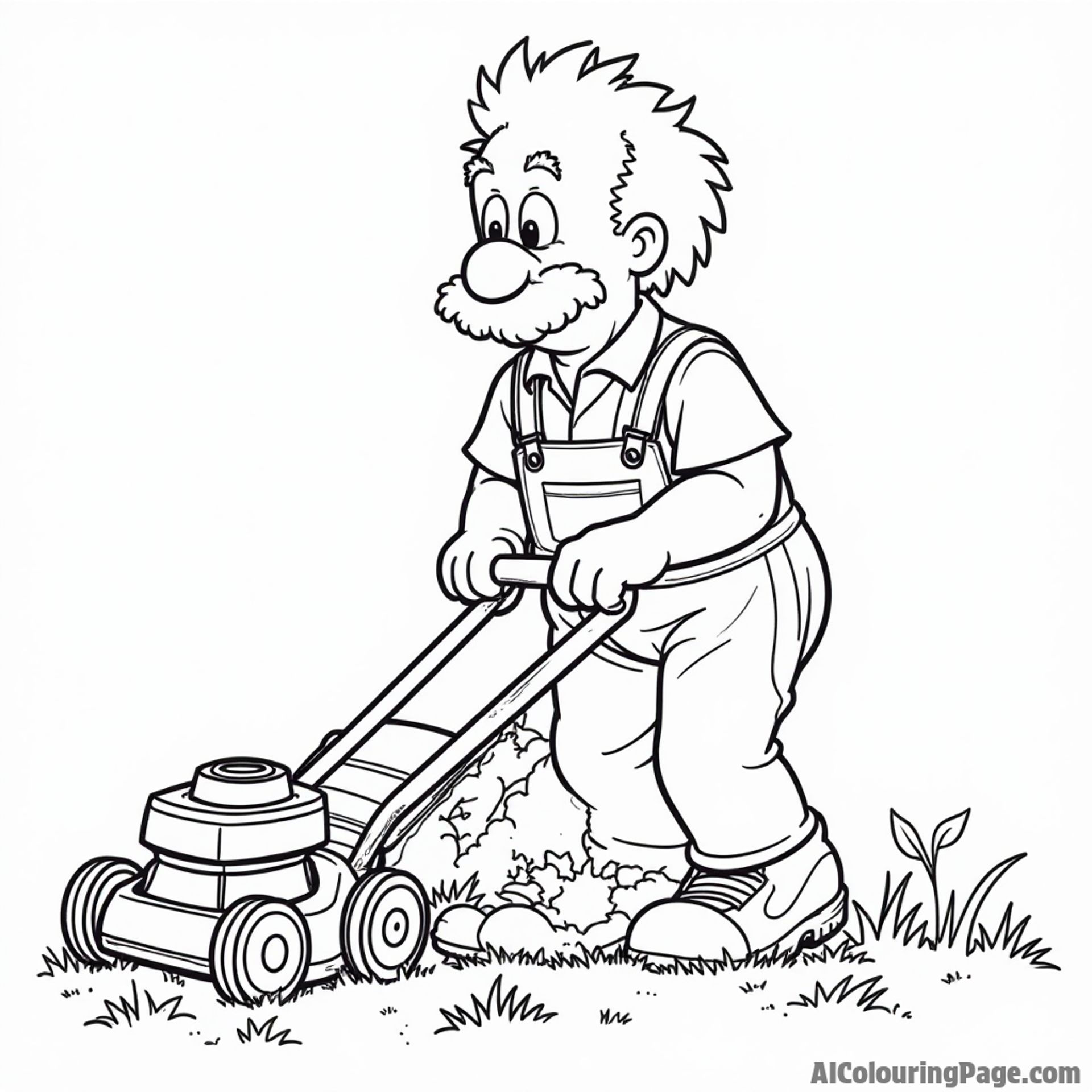 Groundskeeper Willie trimming the grass with a lawnmower while wearing his signature overalls and a determined look.