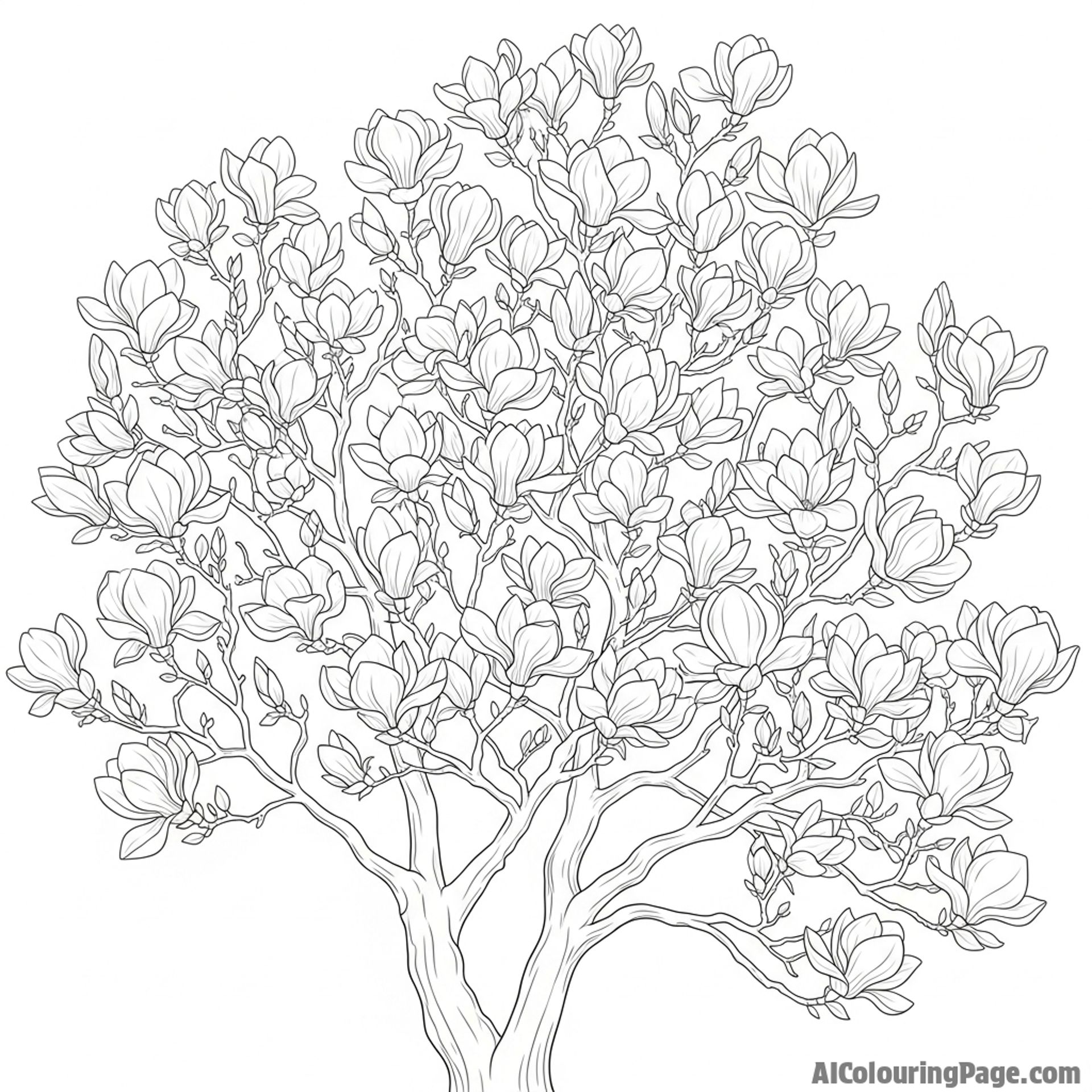 Magnolia blossoms on a tree, full bloom, dramatic perspective.