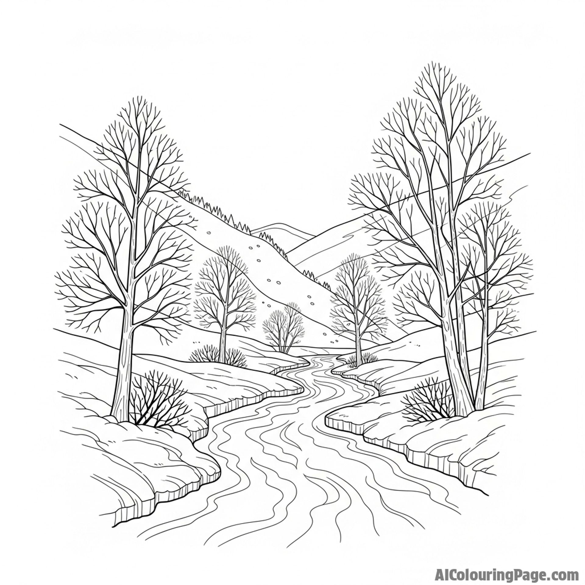 Icy river winding through a valley blanketed in frost, bare trees lining the banks.
