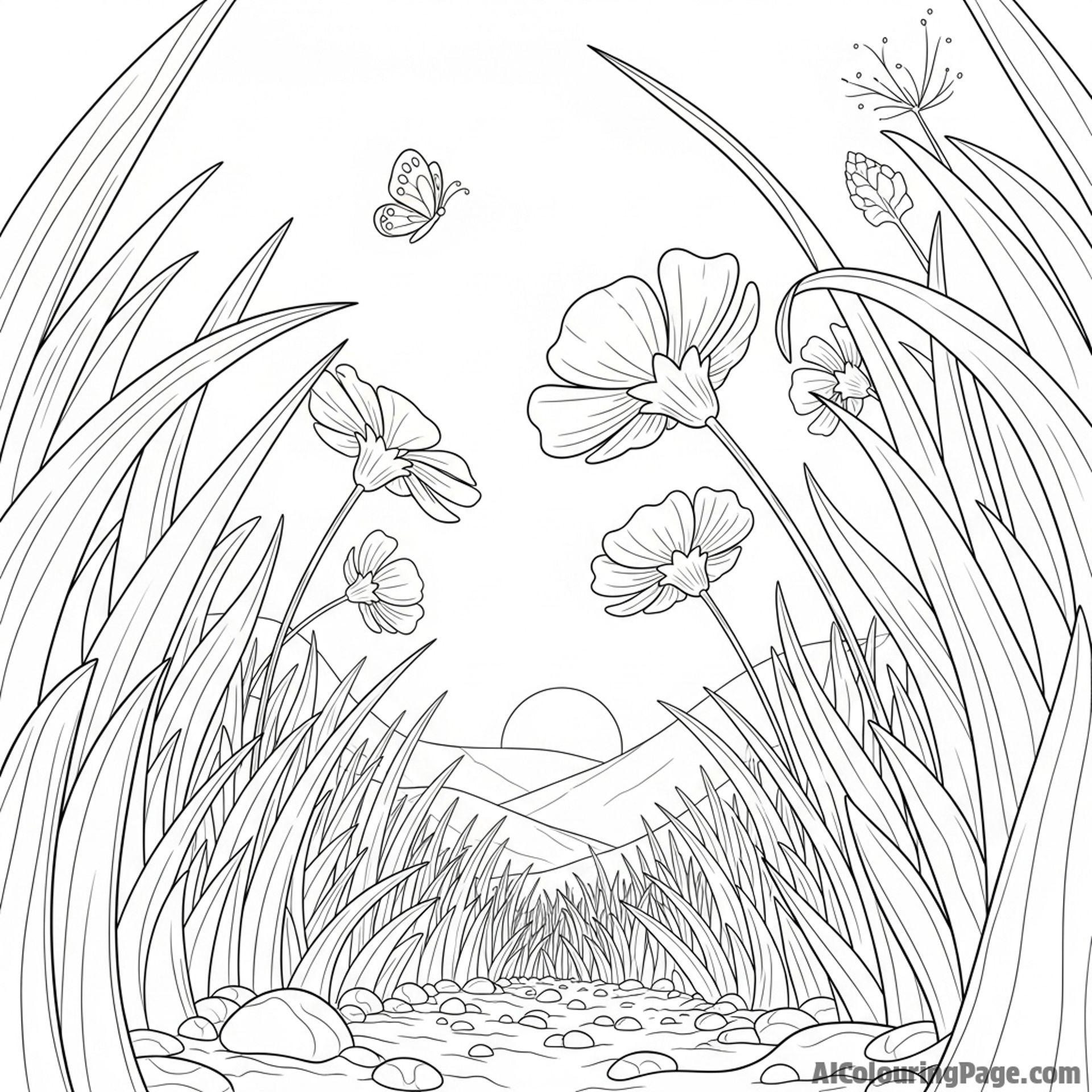 A scene from a mouse’s perspective, looking up at giant blades of grass in a meadow.