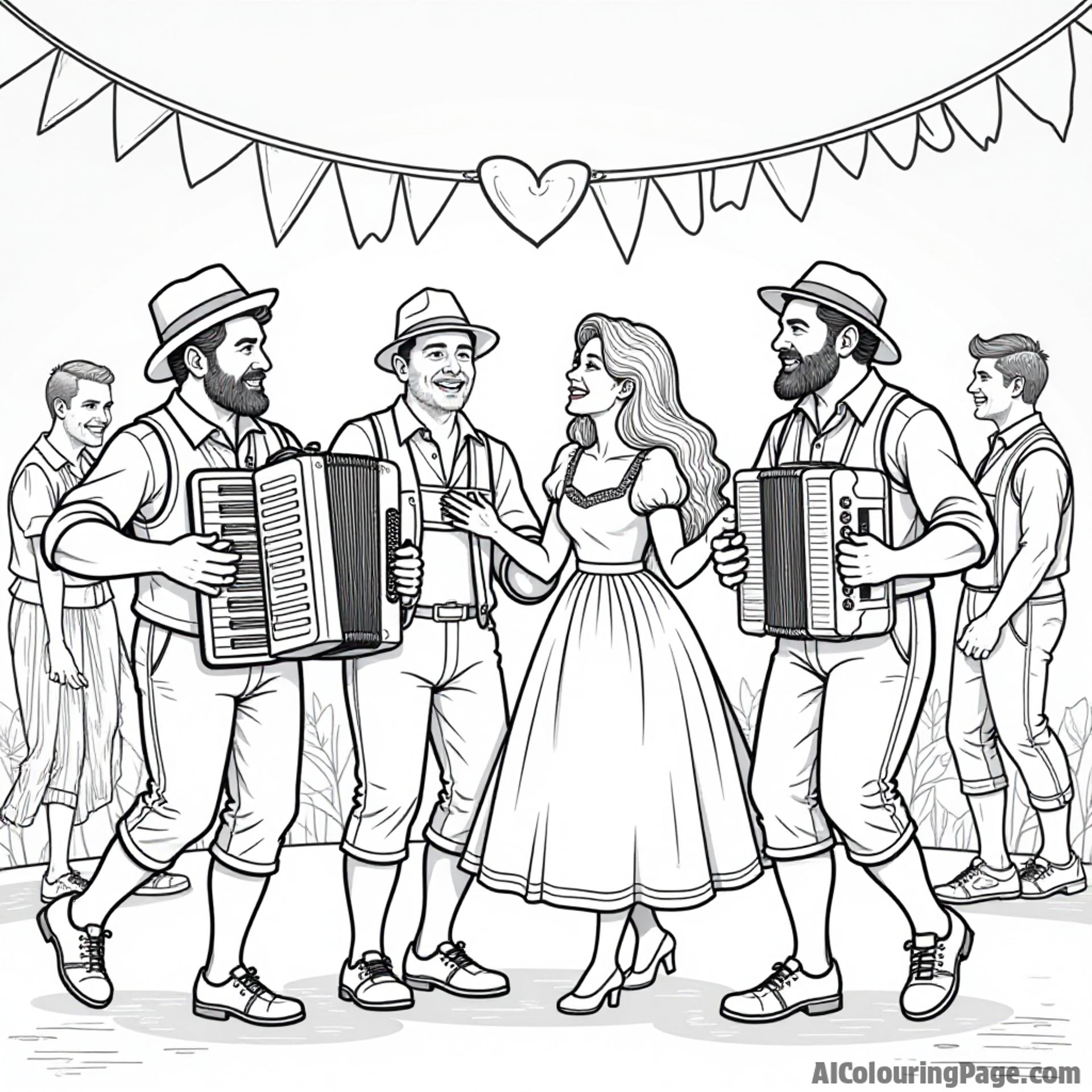 A joyful Oktoberfest celebration featuring musicians playing accordions and drums, with dancing couples in traditional outfits, surrounded by festive decorations for kids to color and enjoy.