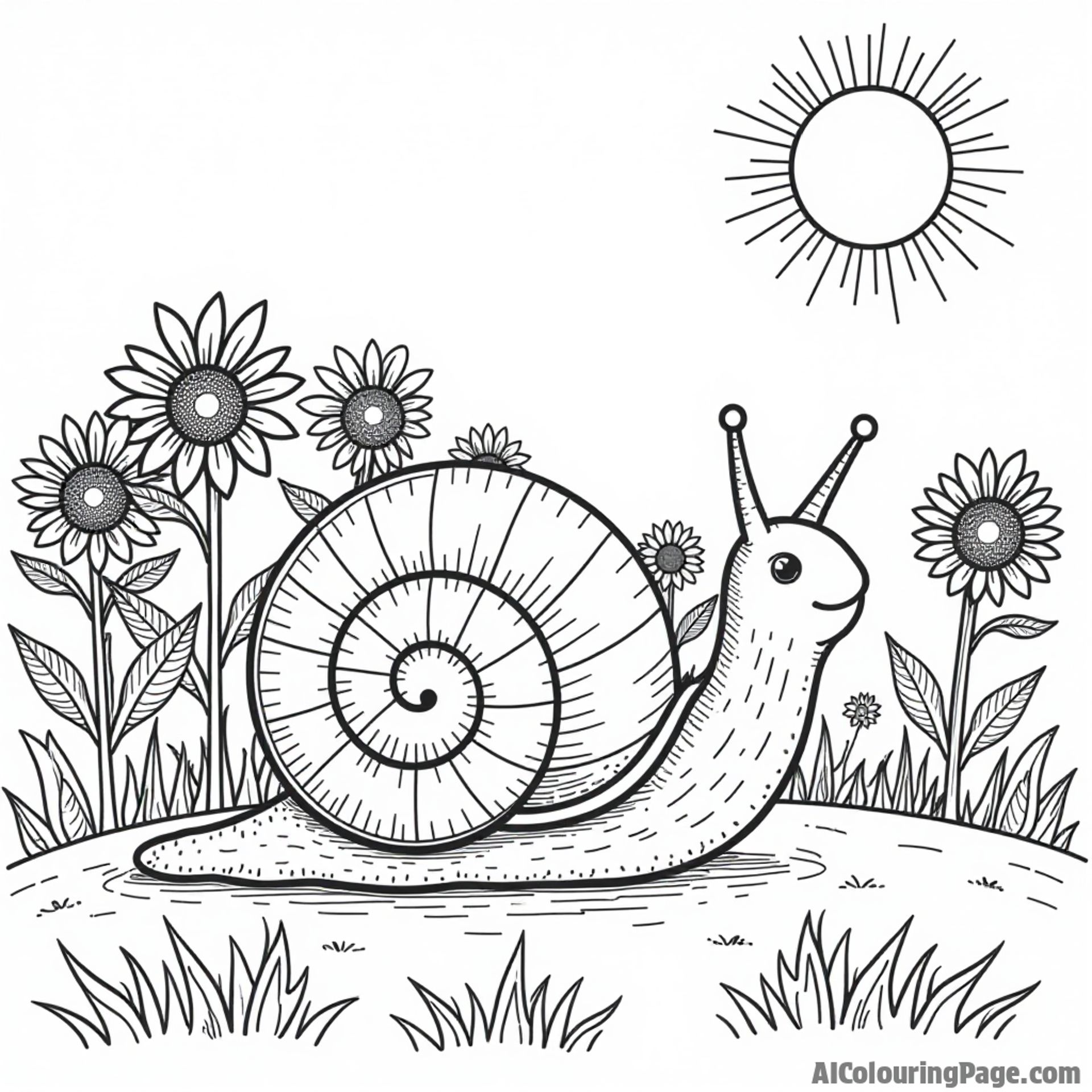 A snail gliding through a field of sunflowers, with a cheerful sun above and a gentle breeze blowing.