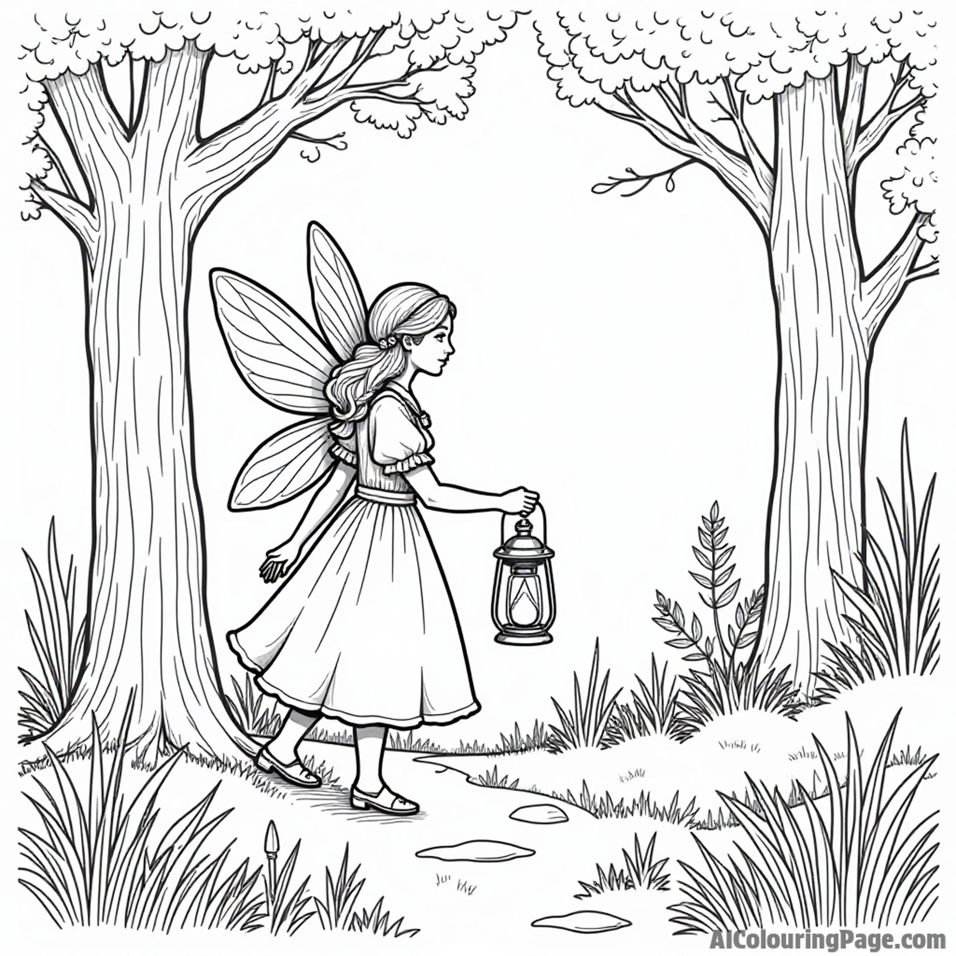 A fairy with a lantern guiding lost travelers home through a mystical forest at twilight