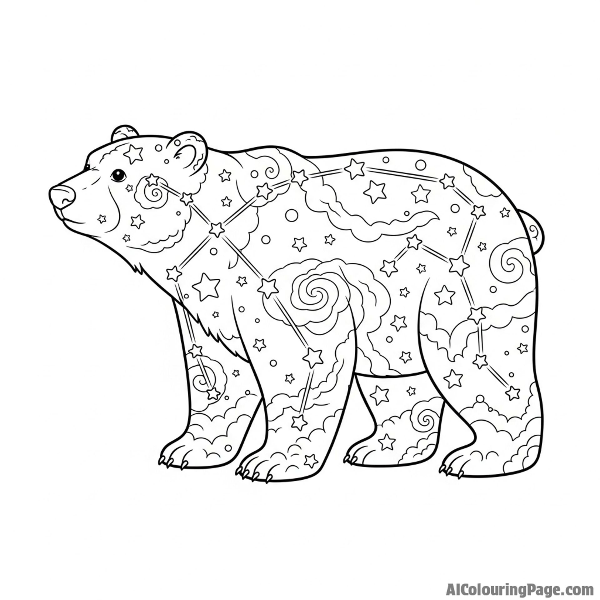 A polar bear made of stars and nebulas, a celestial constellation.