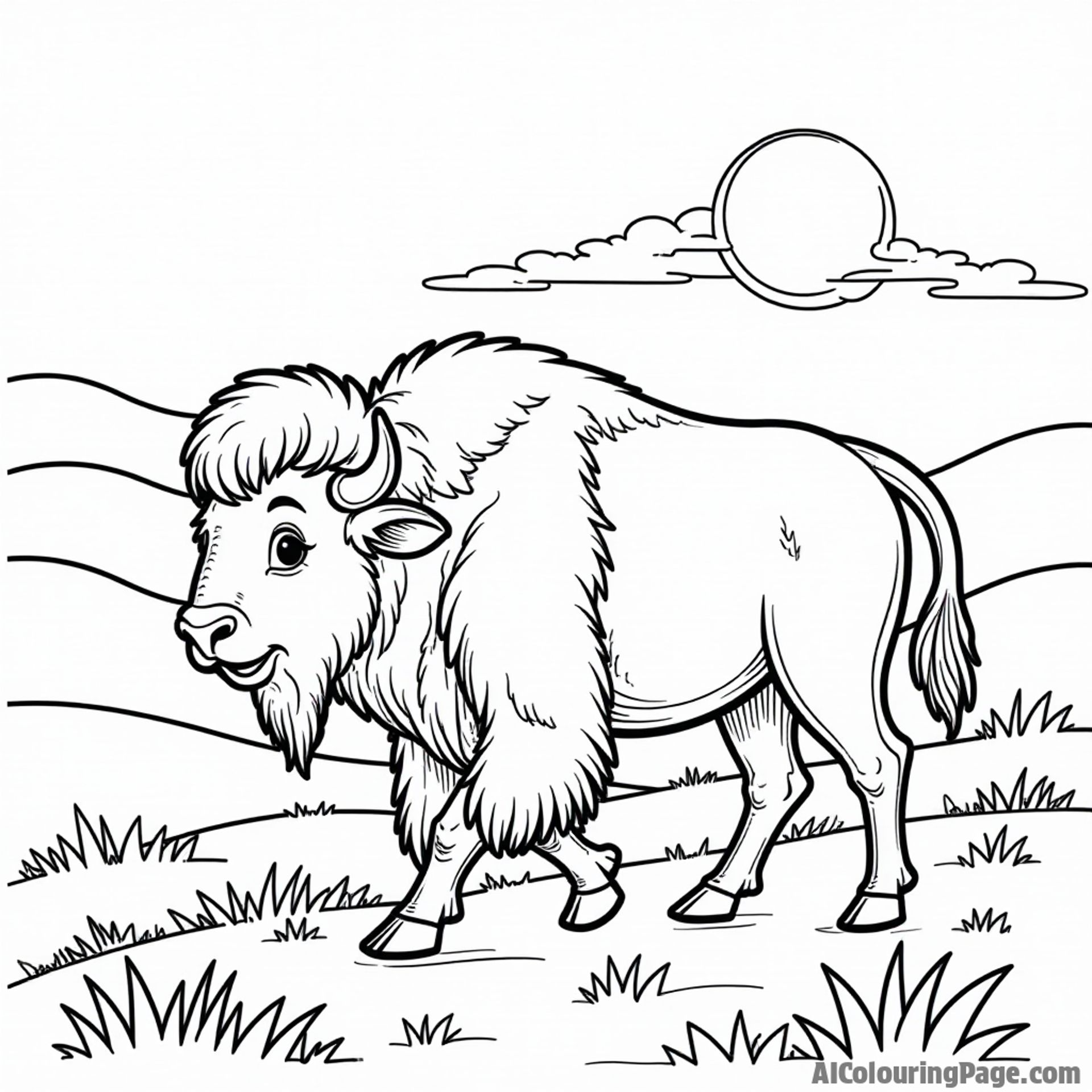A friendly bison wandering near a beautiful sunset, with rolling hills and wild grass, inviting children to color it in.