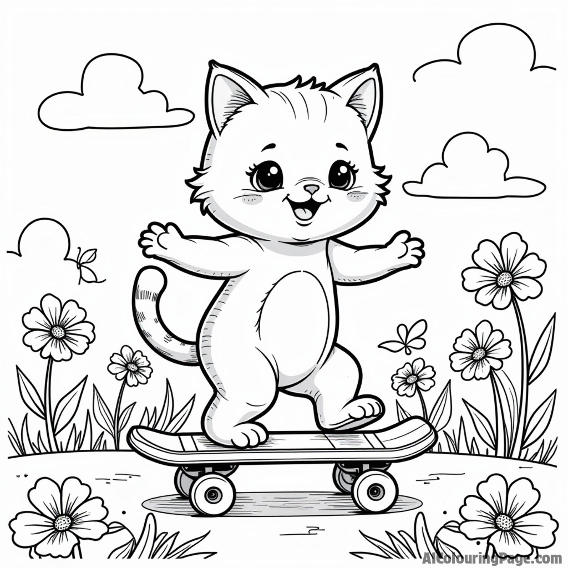 A cute cat riding a skateboard in a sunny backyard, with flowers and butterflies around, creating a cheerful scene for kids to color and enjoy their creativity.