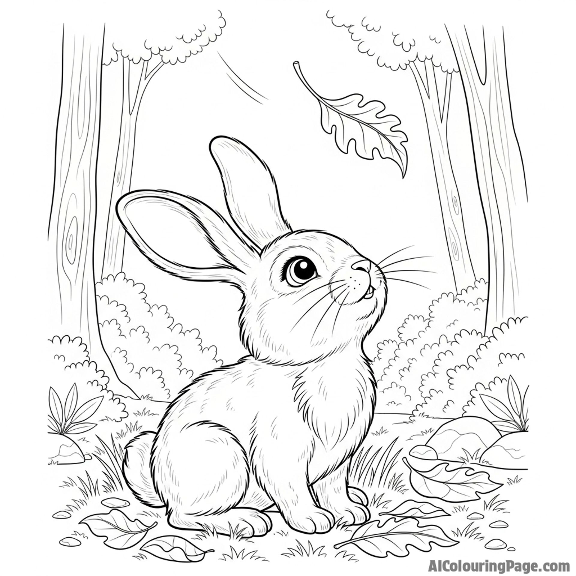 A bunny looking up at a single, twisting leaf falling in a quiet forest.