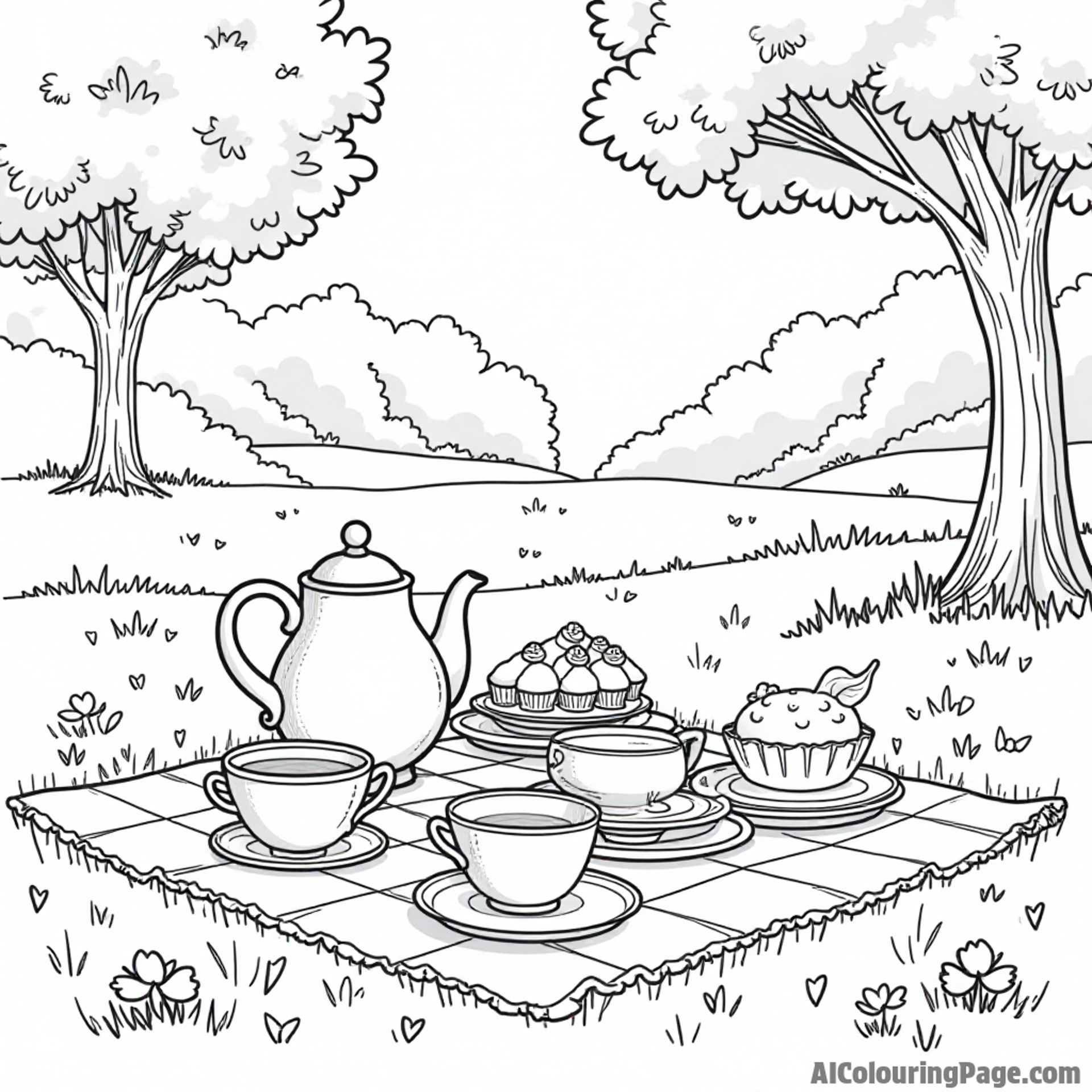 A lovely tea party set up with whimsical teacups, a teapot, and delicious cakes, all on a picnic blanket in the park.
