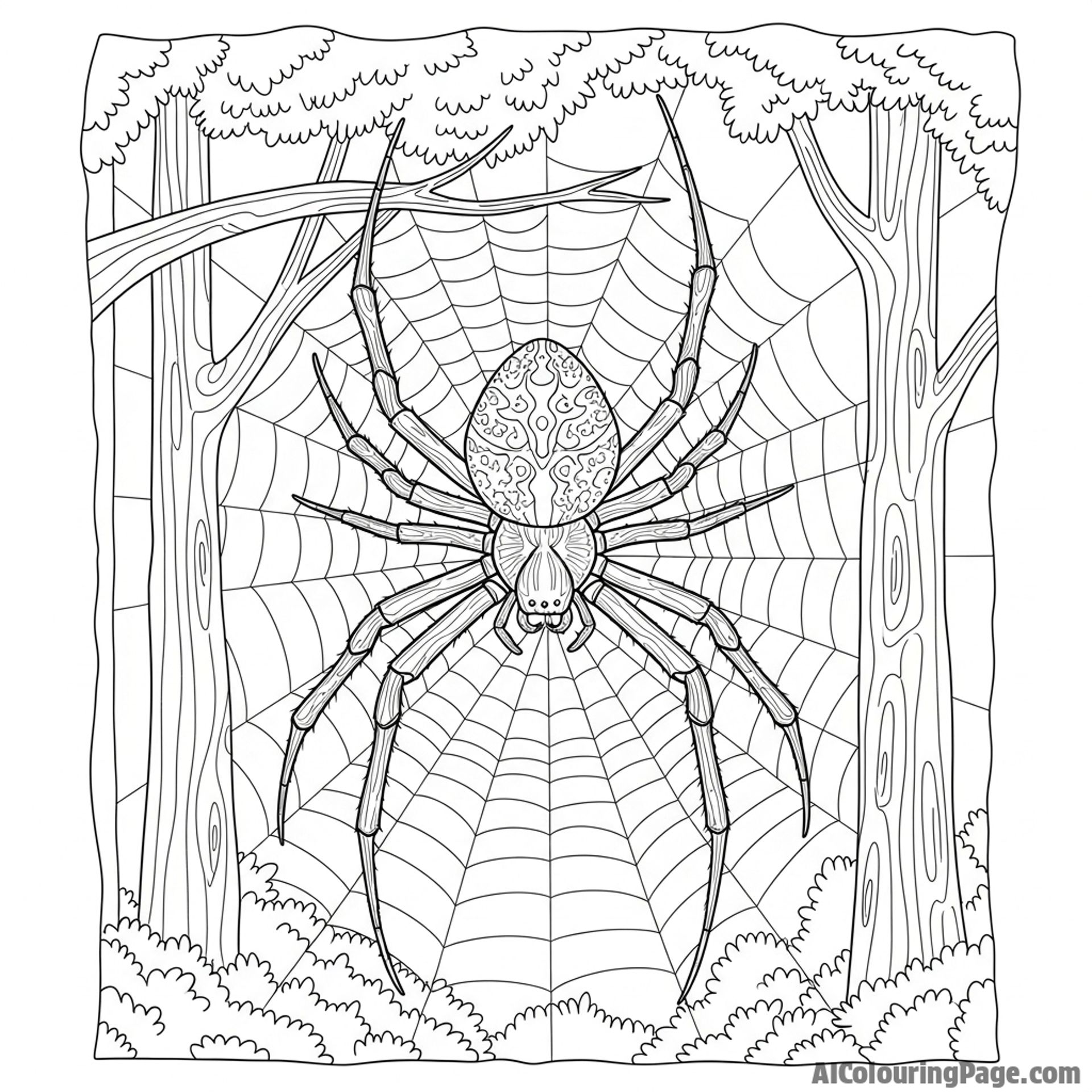 A spider weaving an intricate web between the trees.