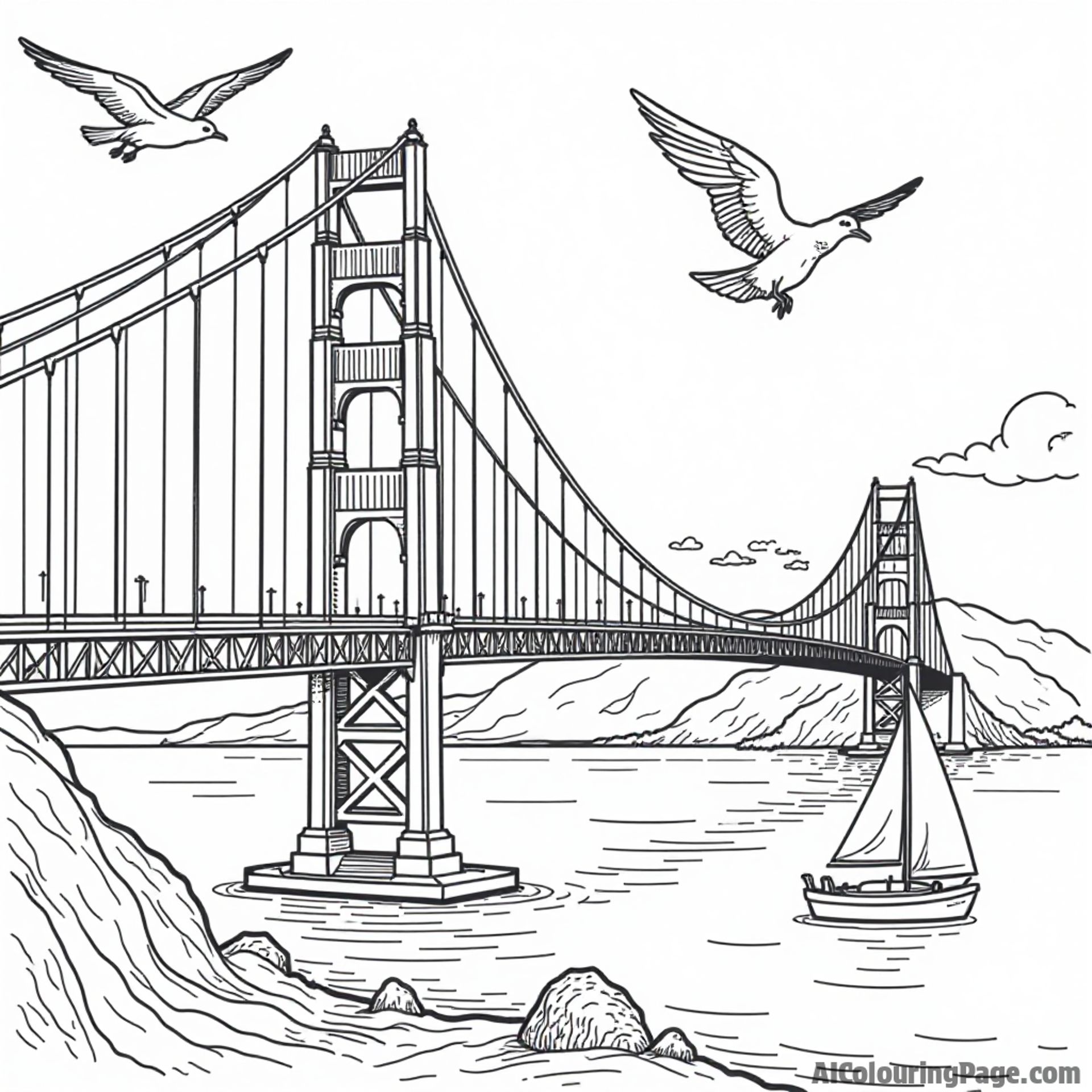 A whimsical golden gate bridge surrounded by seagulls and sailboats, perfect for children to color in a creative way.