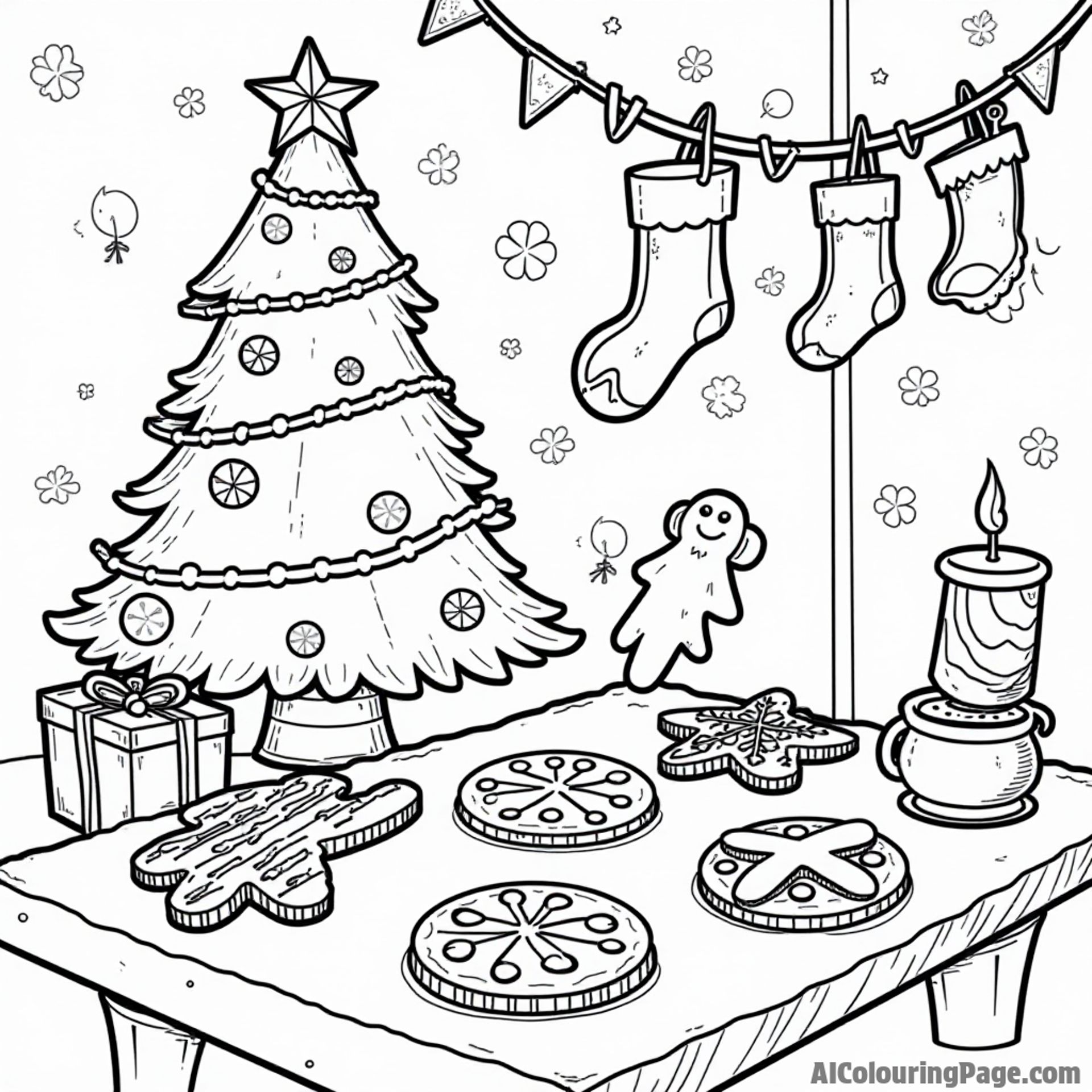 A festive holiday cookie scene with a decorated tree, stockings, and a table filled with gingerbread cookies and icing.