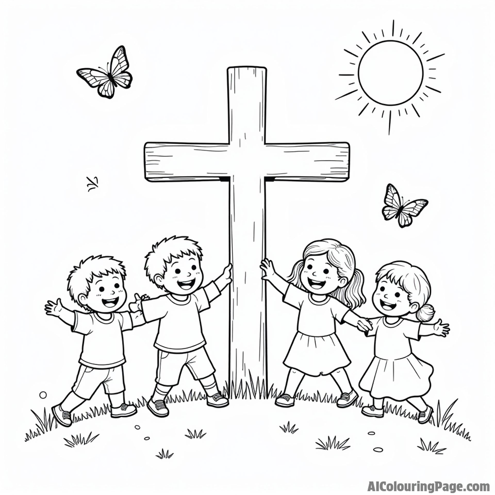 A joyful scene of children playing around a cross, with butterflies fluttering and a bright sun shining in the background.