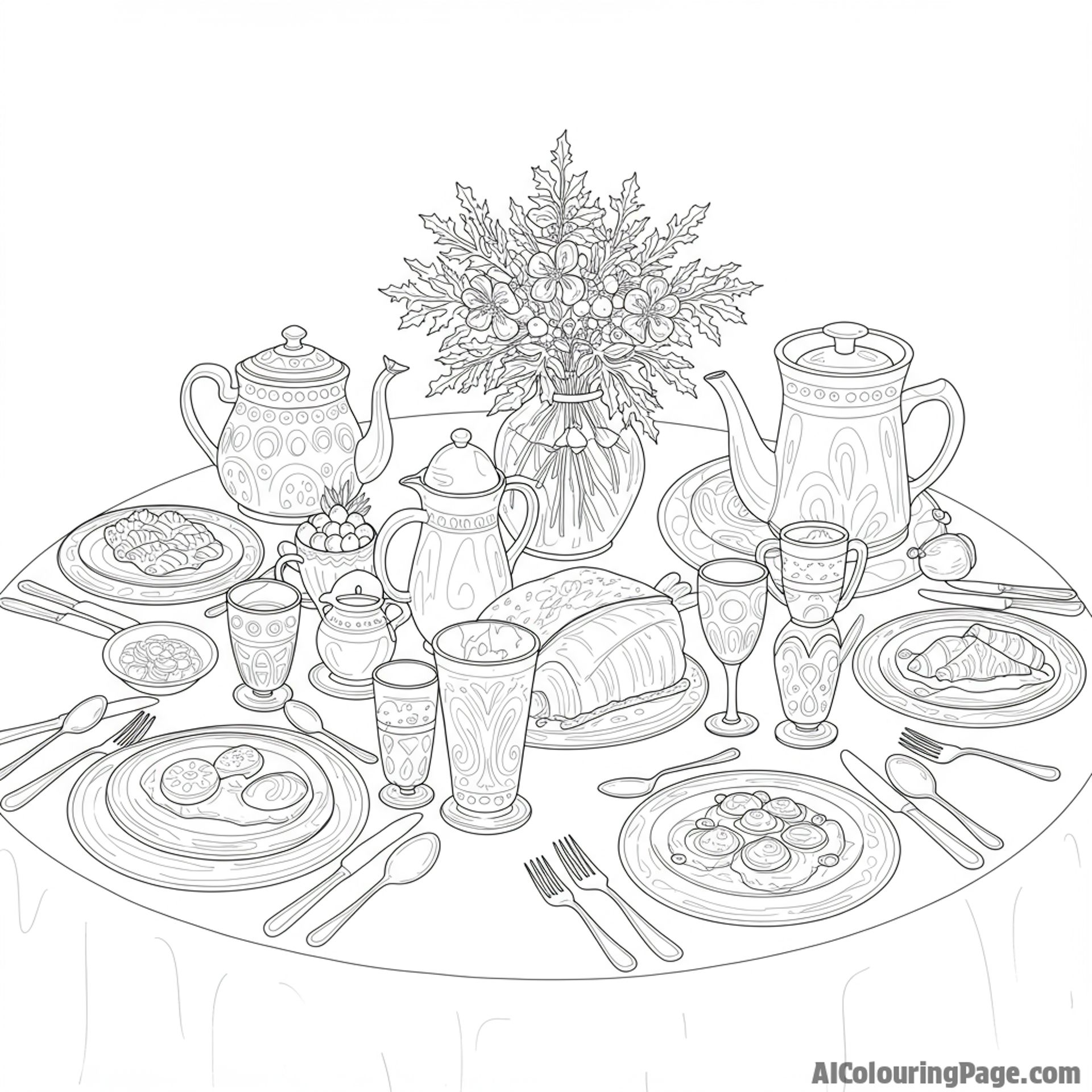 Festive table setting with elaborate dishes and elegant silverware, anticipating a feast.
