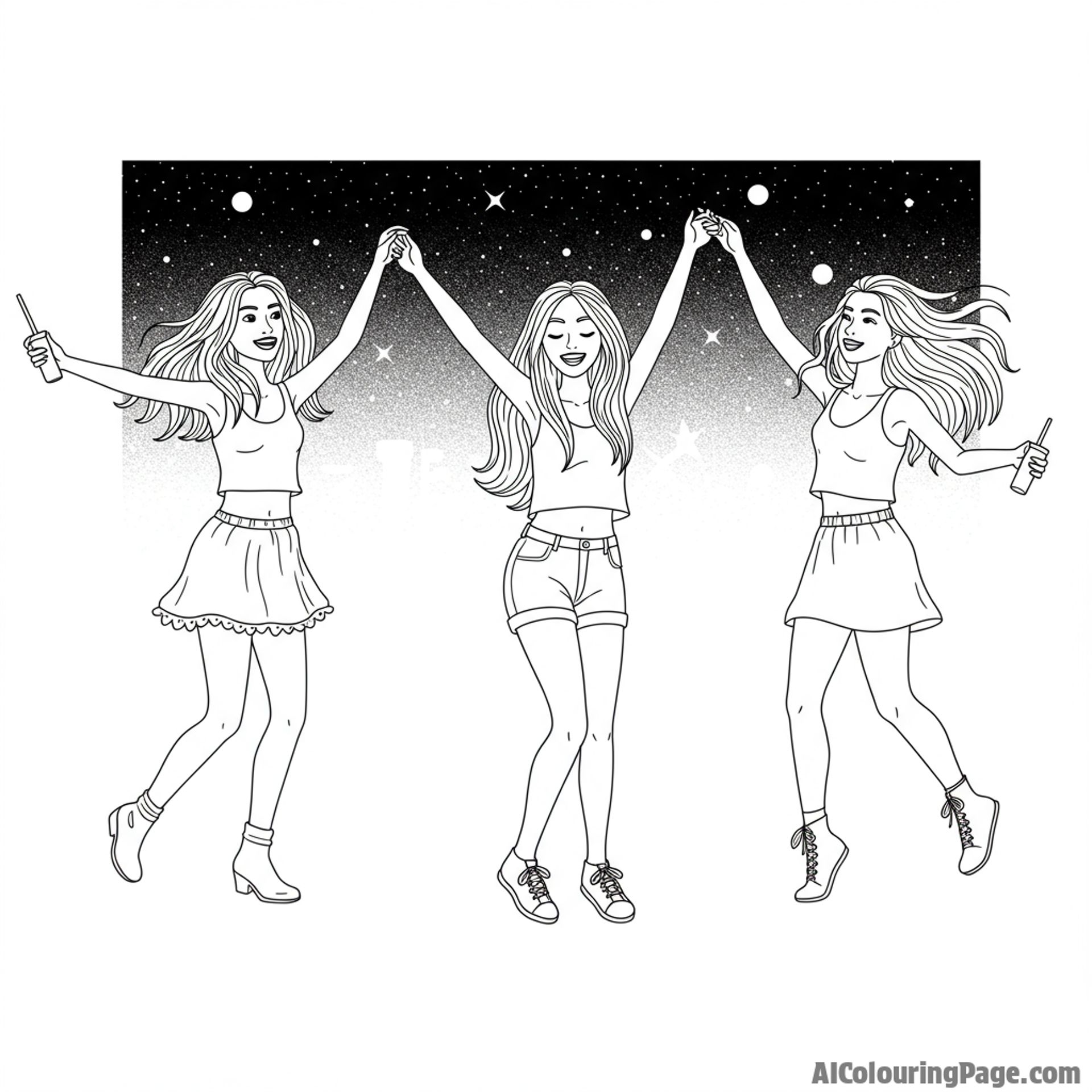 Girlfriends dancing carefree at a concert under the stars.