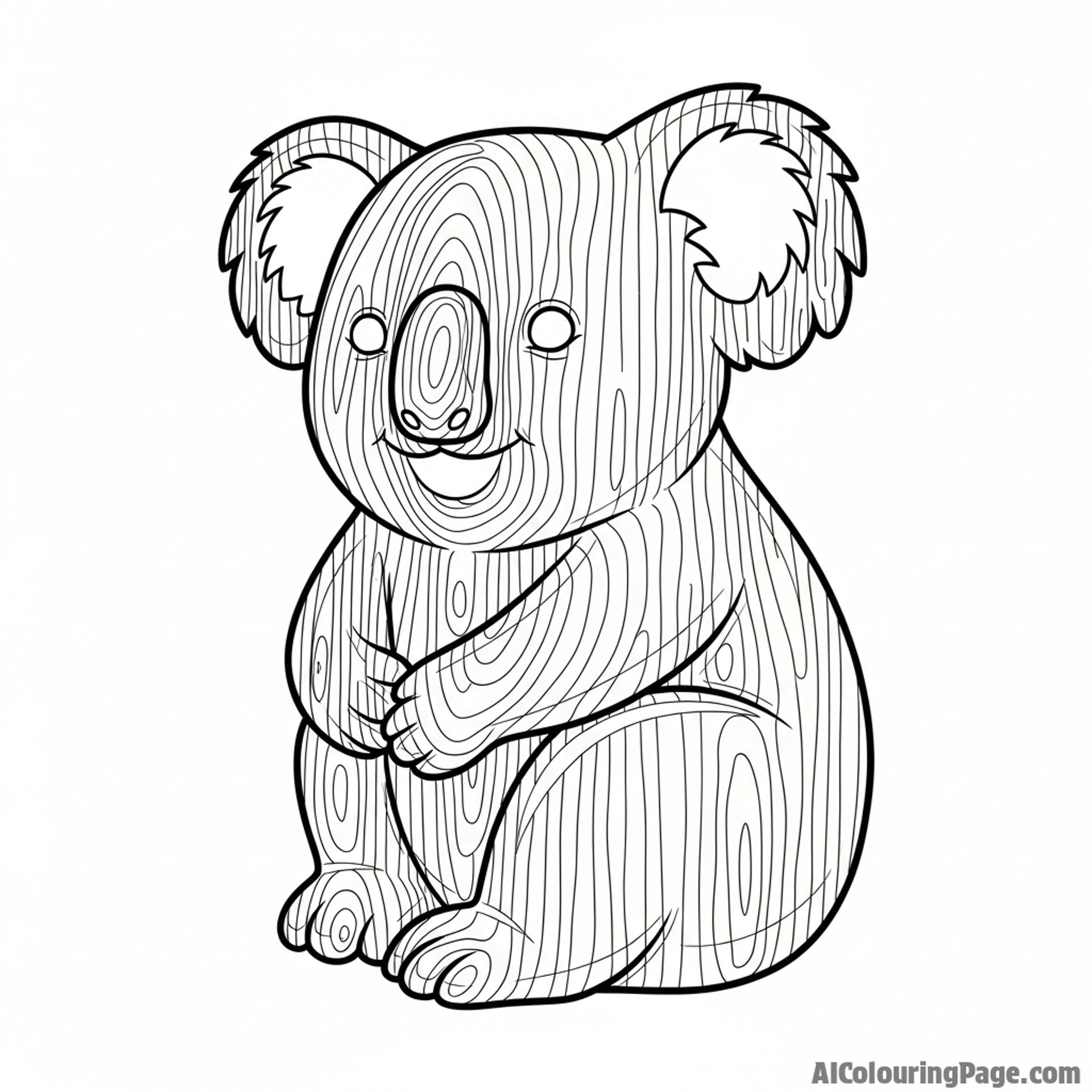 A koala sculpture carved from a single piece of polished, grained wood.