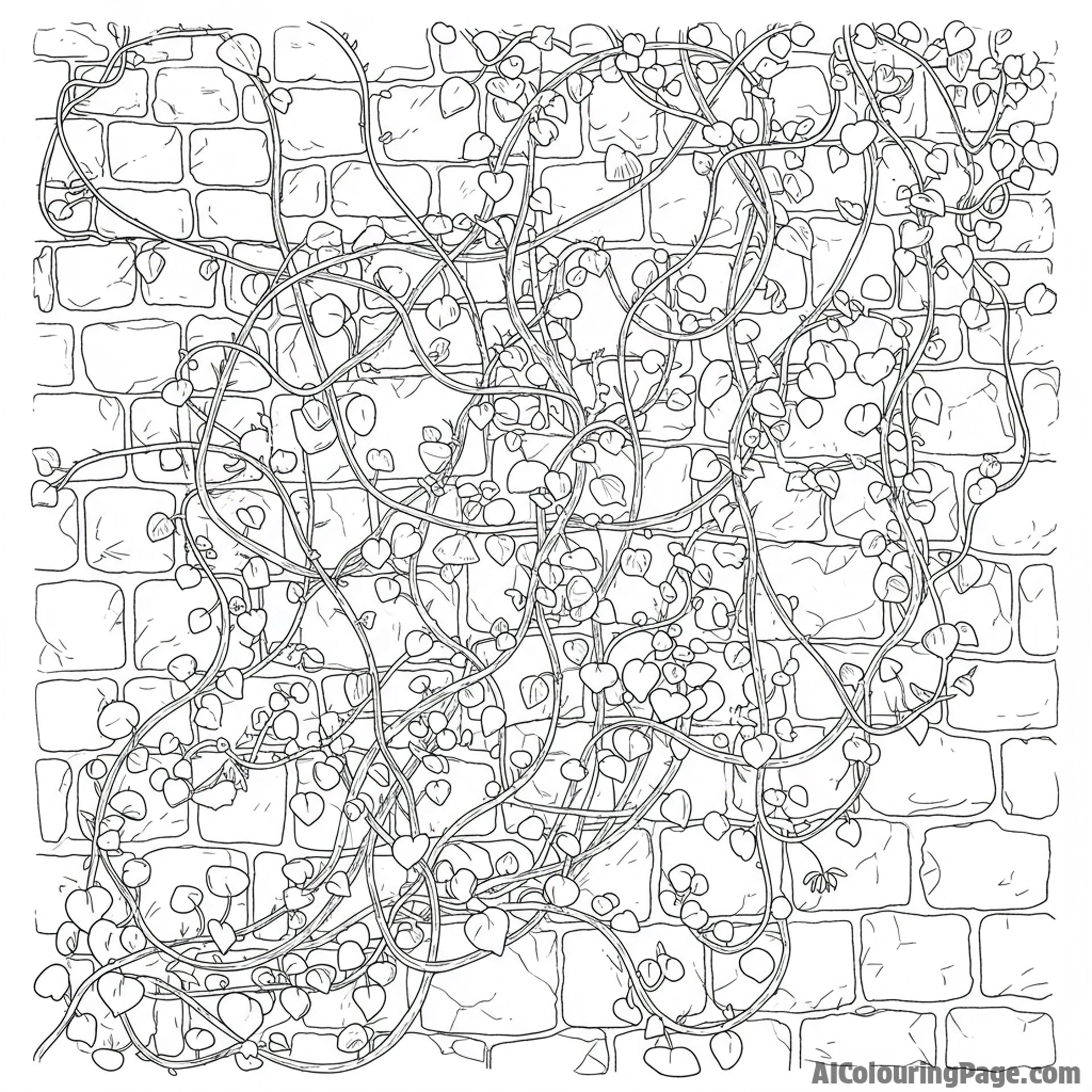 A tangled network of budding vines covering an old stone wall.