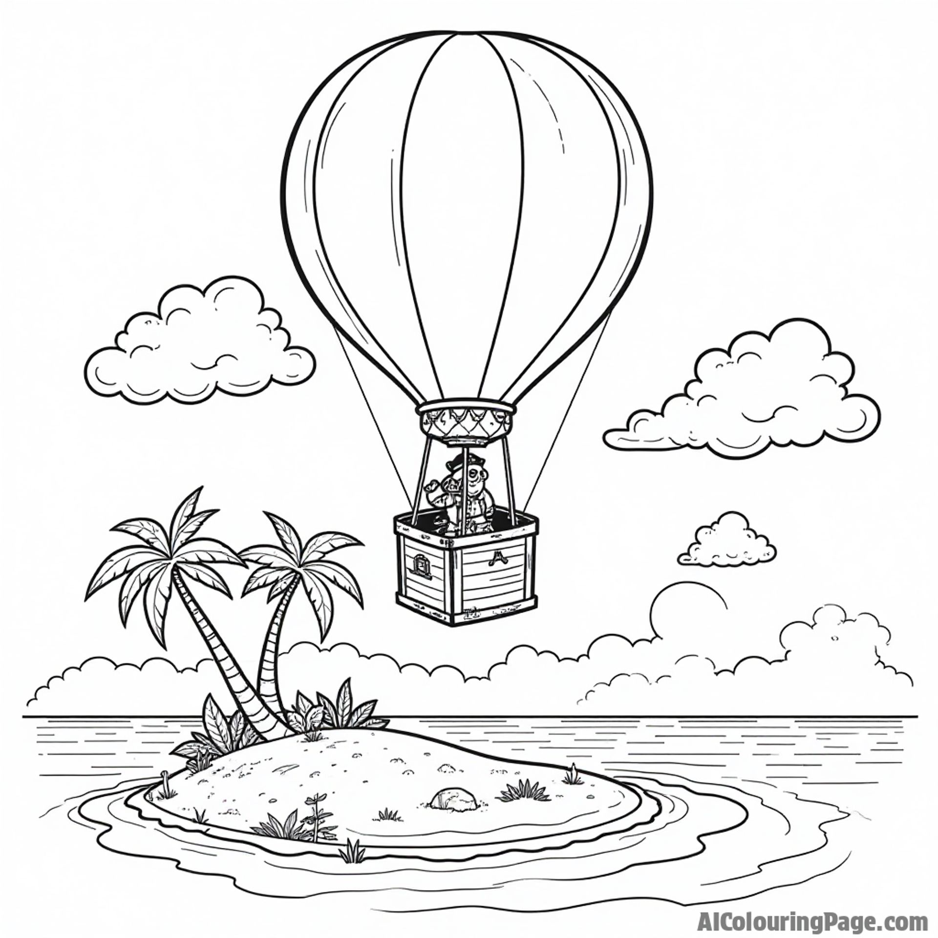A hot air balloon carrying a treasure map, flying over a tropical island with pirates searching below, ideal for adventurous kids ready to color their own pirate story.