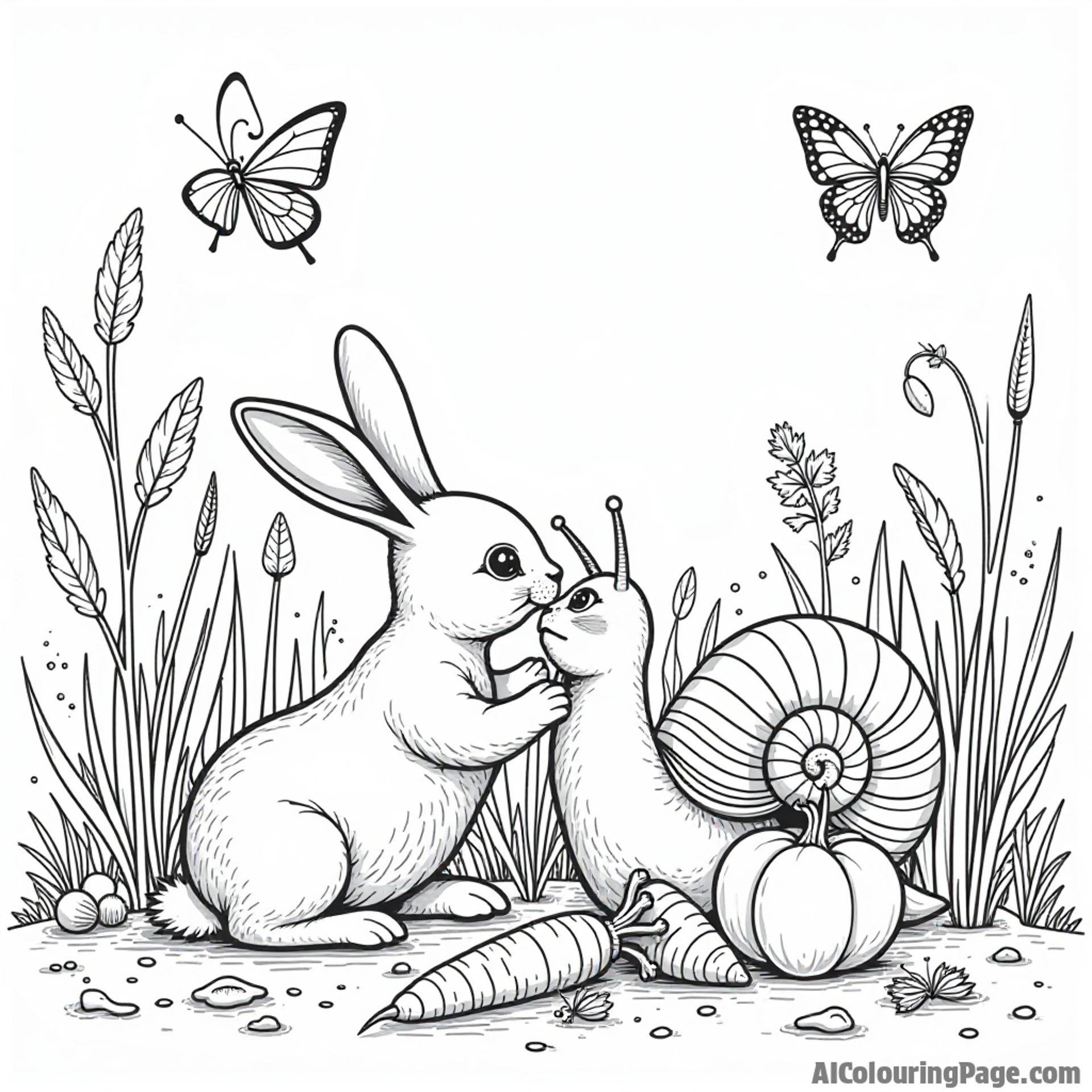A snail in a garden full of vegetables, with a rabbit nibbling on carrots and butterflies fluttering around.
