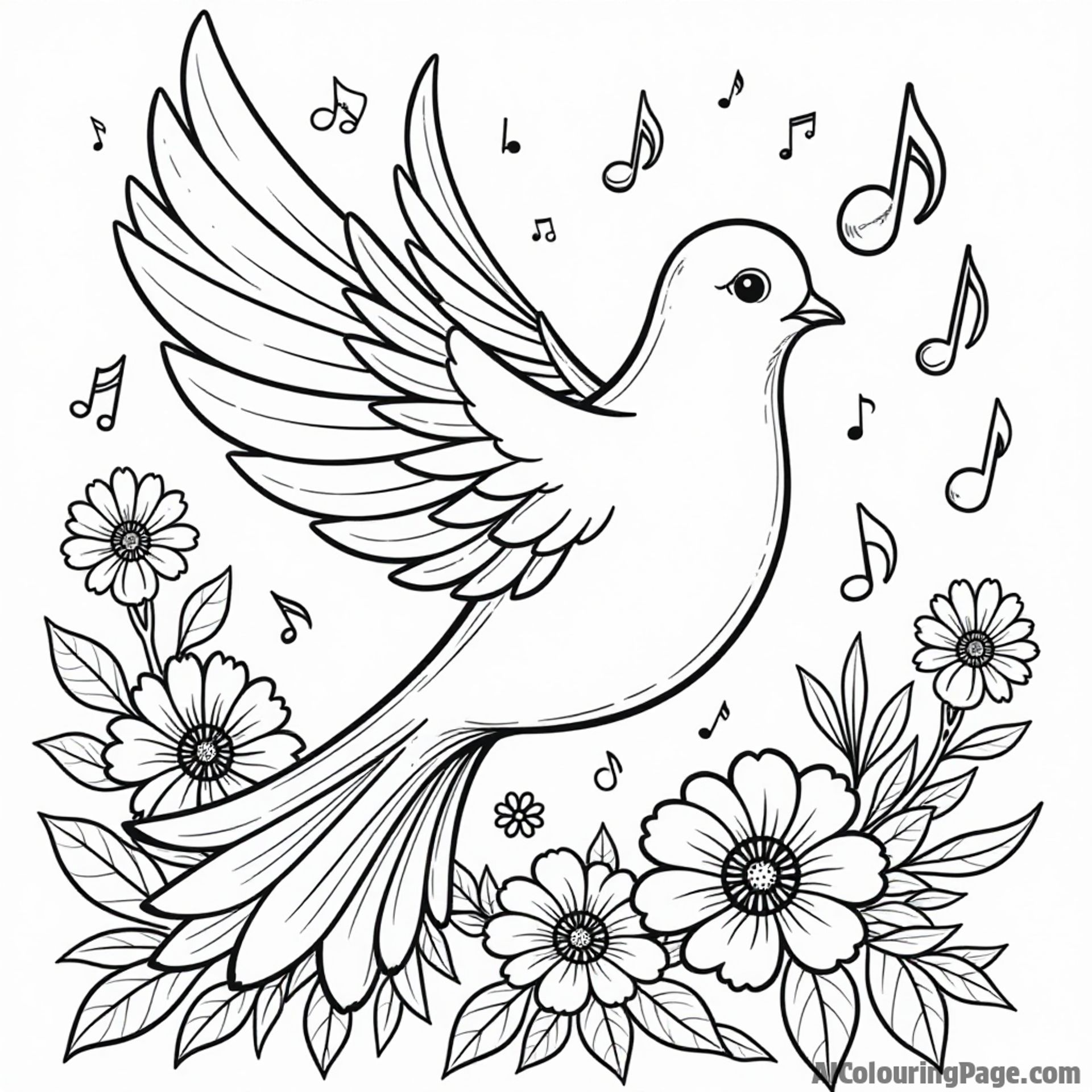 A dove surrounded by musical notes and flowers, representing a joyful melody in a garden setting for coloring fun.
