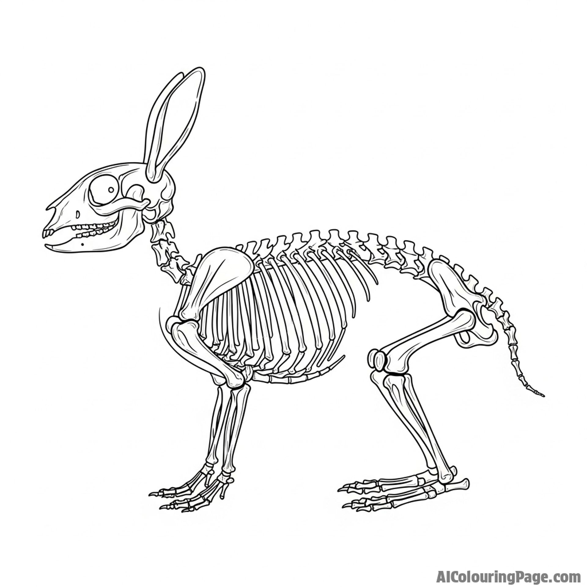 The skeletal structure of a rabbit, articulated and displayed in a museum setting.
