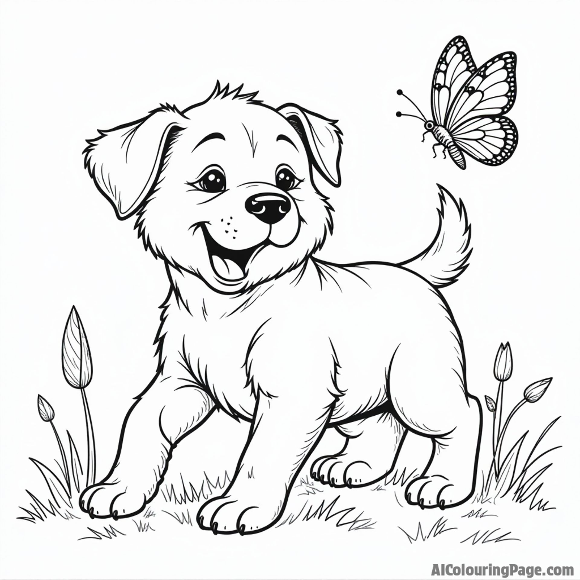 Coloring page: puppy chasing a butterfly, dynamic action, easy to color areas.