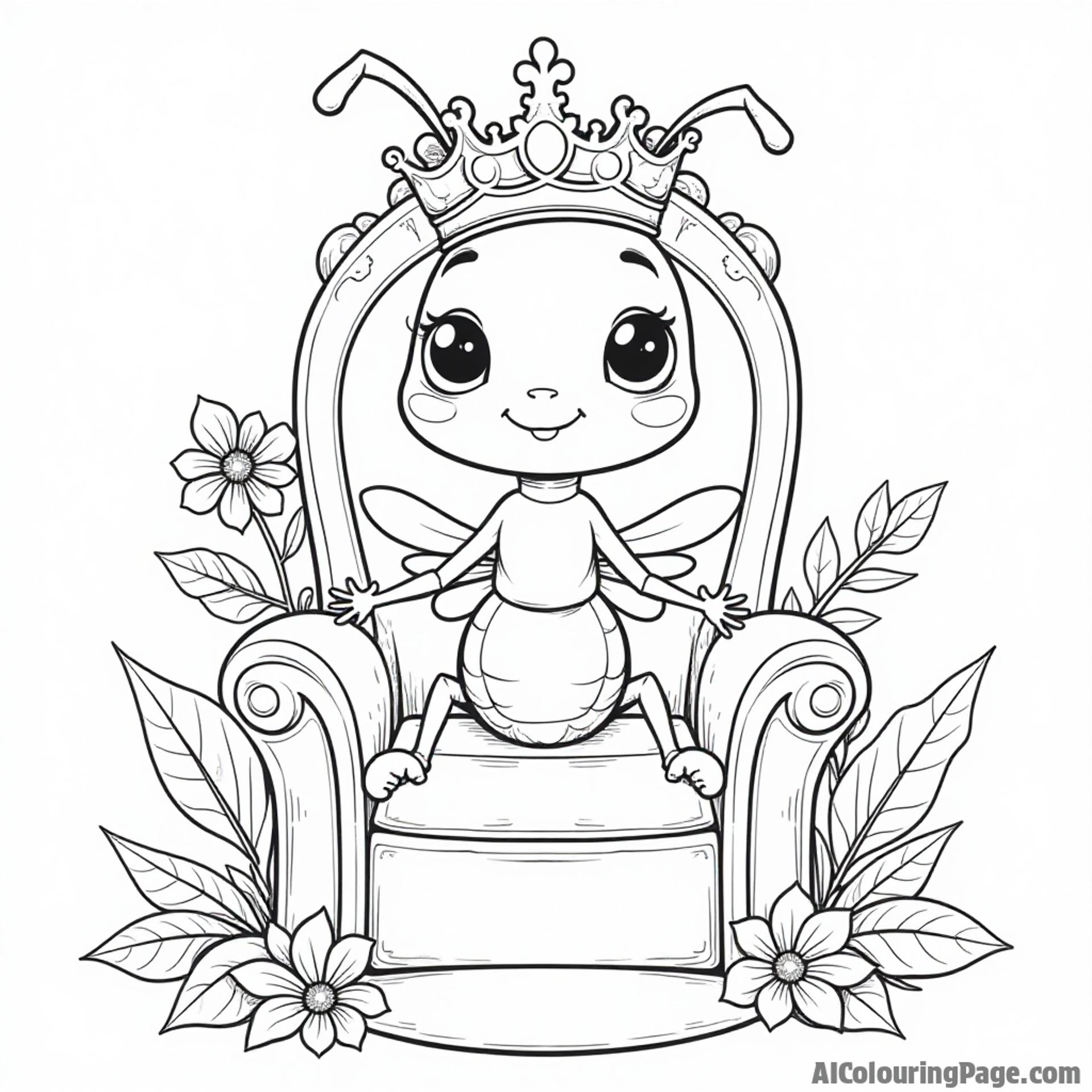 A cartoon ant wearing a crown, sitting on a throne made of leaves and flowers, ready for coloring creativity.