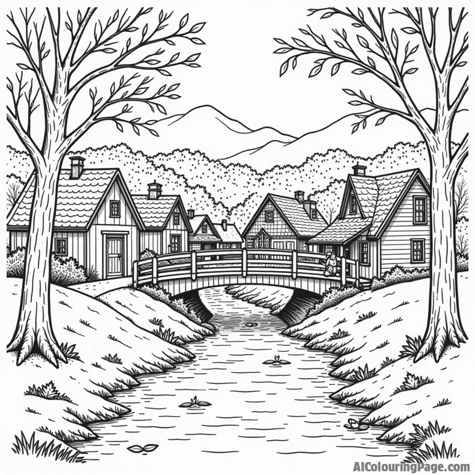 A charming Vermont village featuring a covered bridge, a bubbling stream, and children playing in the autumn leaves.