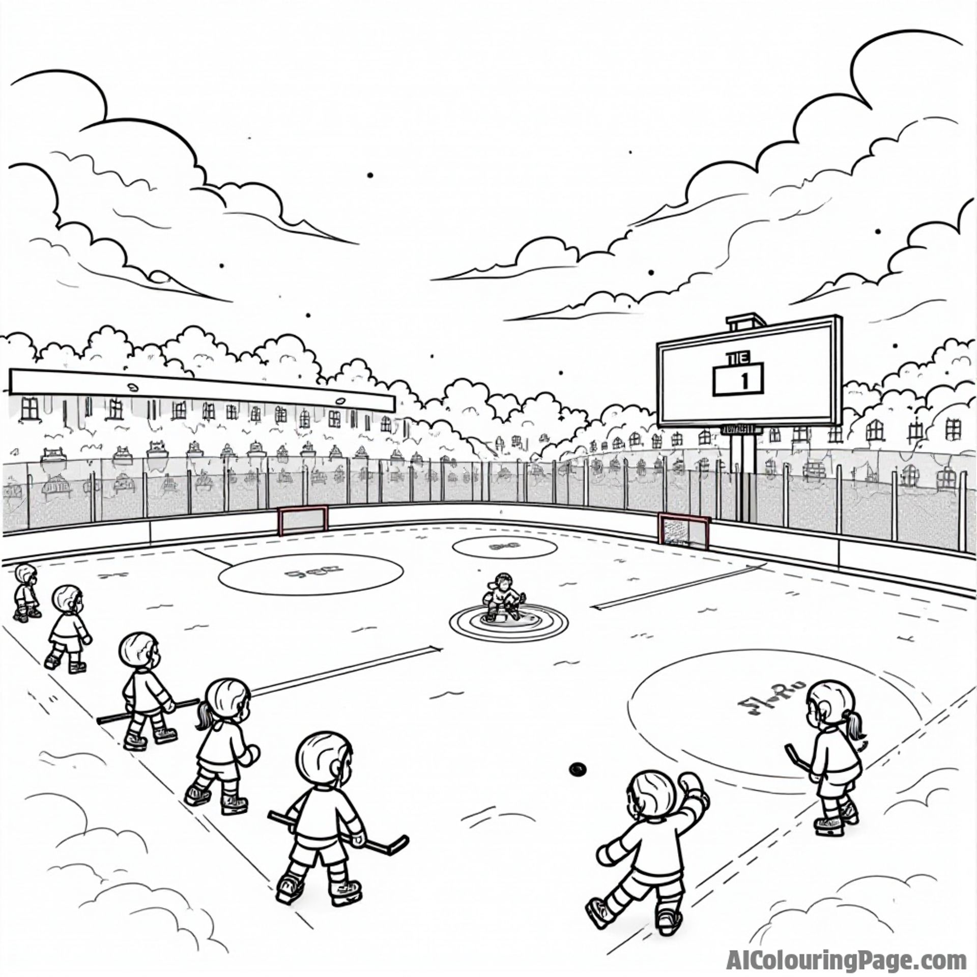 A cartoon hockey rink with a giant scoreboard displaying a tied game, kids eagerly waiting for the next play, perfect for coloring fun.